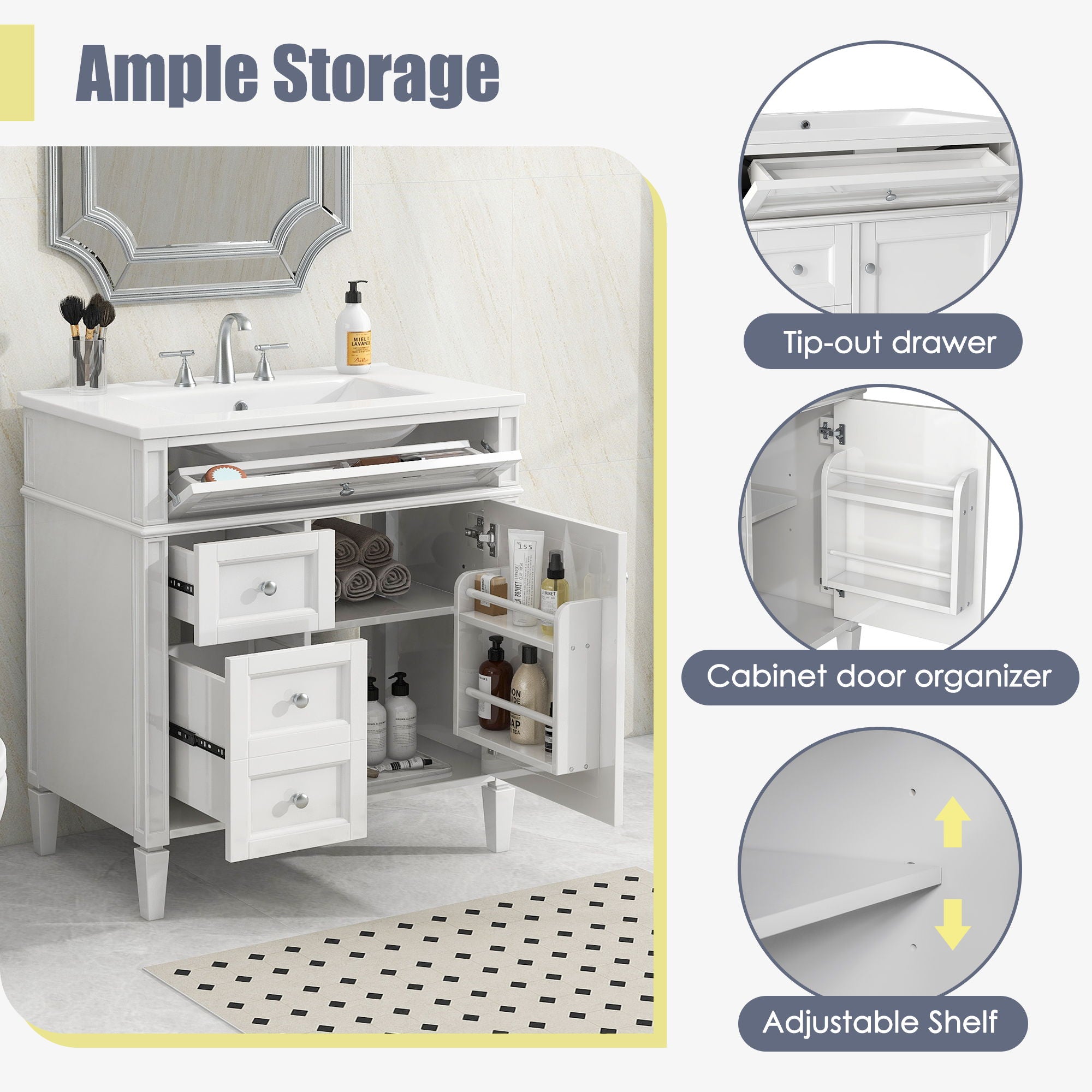 Bathroom Vanity With Top Sink, Modern Bathroom Storage Cabinet With 2 Drawers And A Tip-Out Drawer