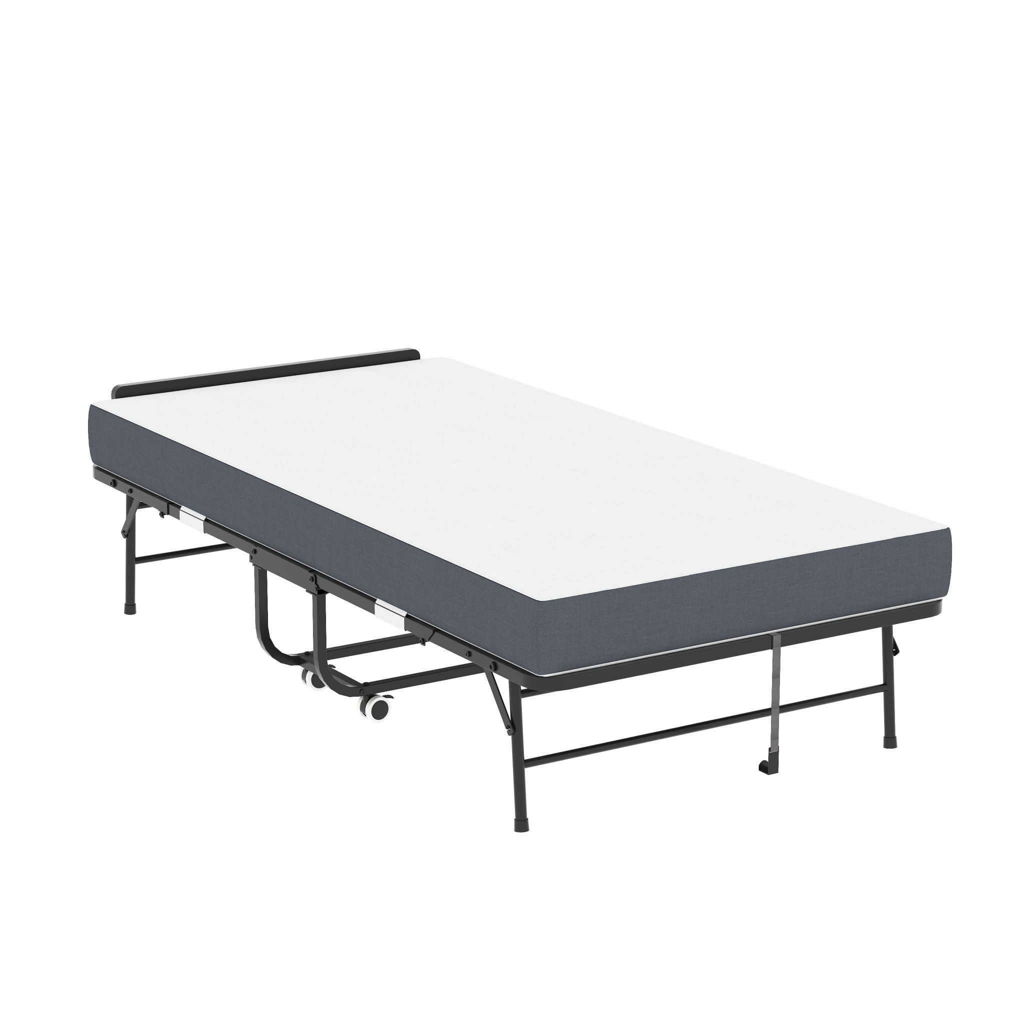 Twin Folding Bed With Adjustable Headboard, Memory Foam For Tall People, Heavy-Duty Portable On Wheels, Easy Assembly - Black
