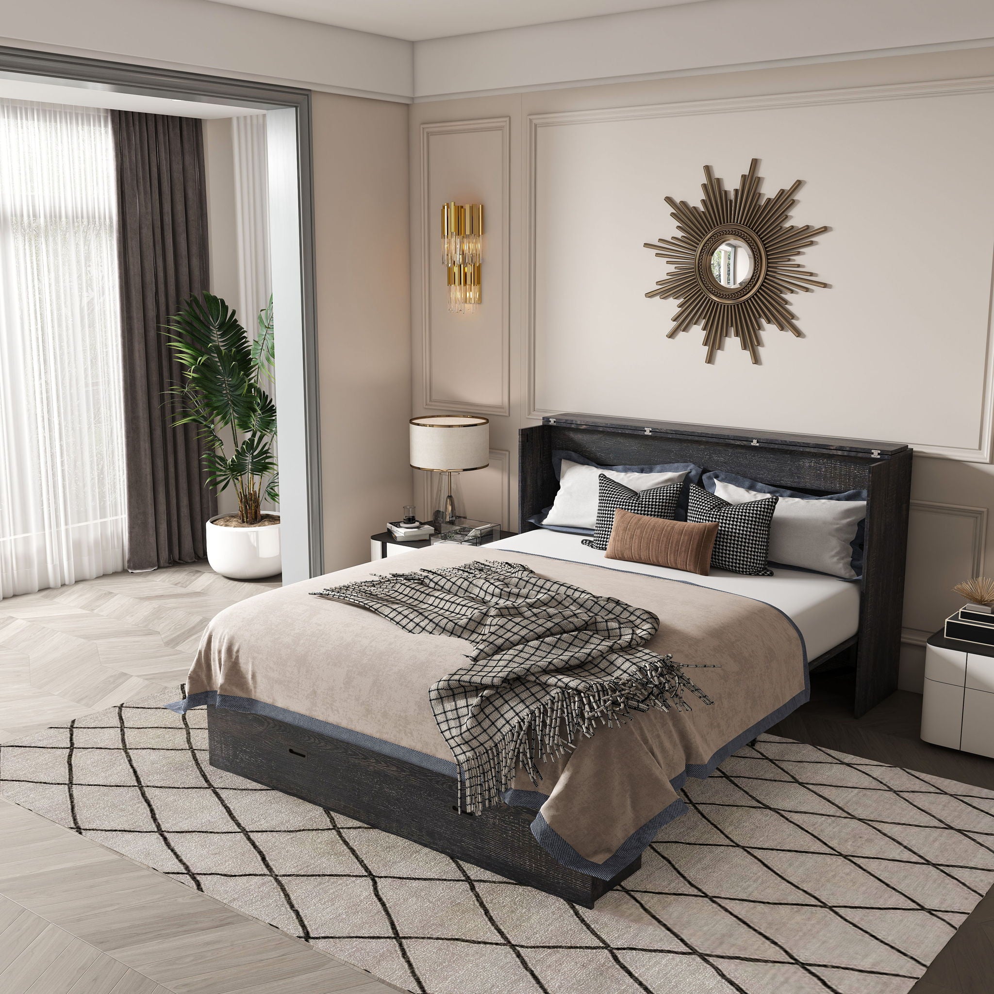 Full Murphy Bed With Storage Drawers, Charging Station, Foldable Panels, And Silent Swivel Wheels