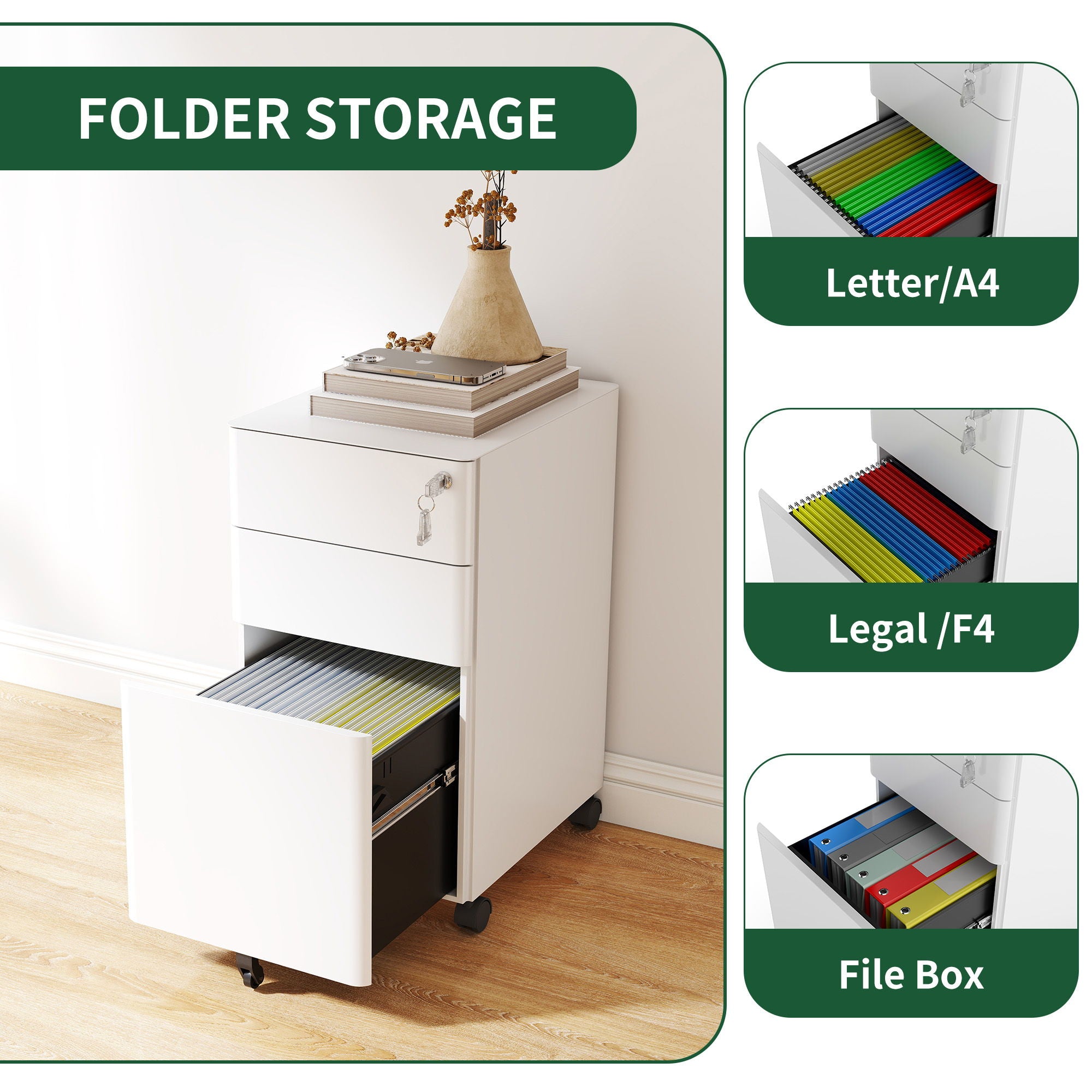 3-Drawer Mobile File Cabinet With Lock, On Wheels, Two Shallow & One Deep Drawer For Office/Home, Fully Assembled - White