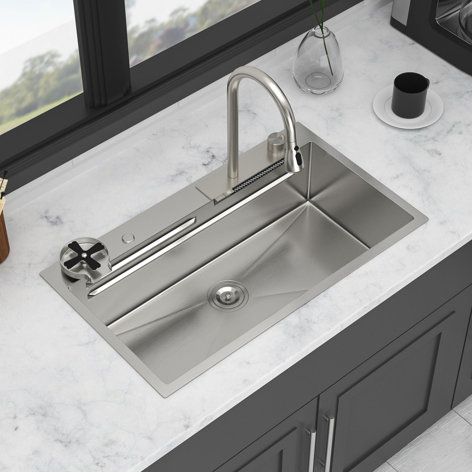 33" Stainless Steel Single Bowl Kitchen Sink With Waterfall Flow