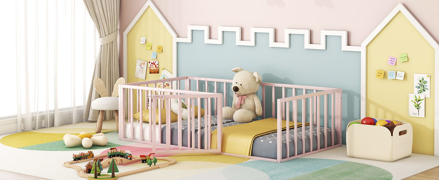 Metal Floor Bed Frame With Fence And Door