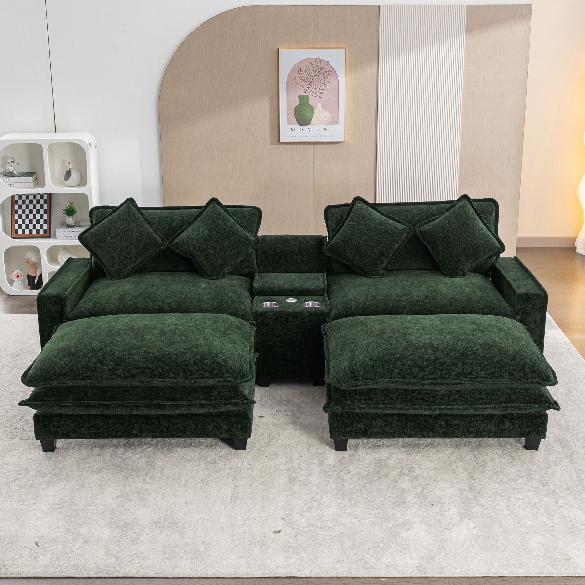 Sectional Sofa Upholstered Sofa With Two Removable Ottoman, Two USB Ports, Two Cup Holders And Large Storage Box For Living Room