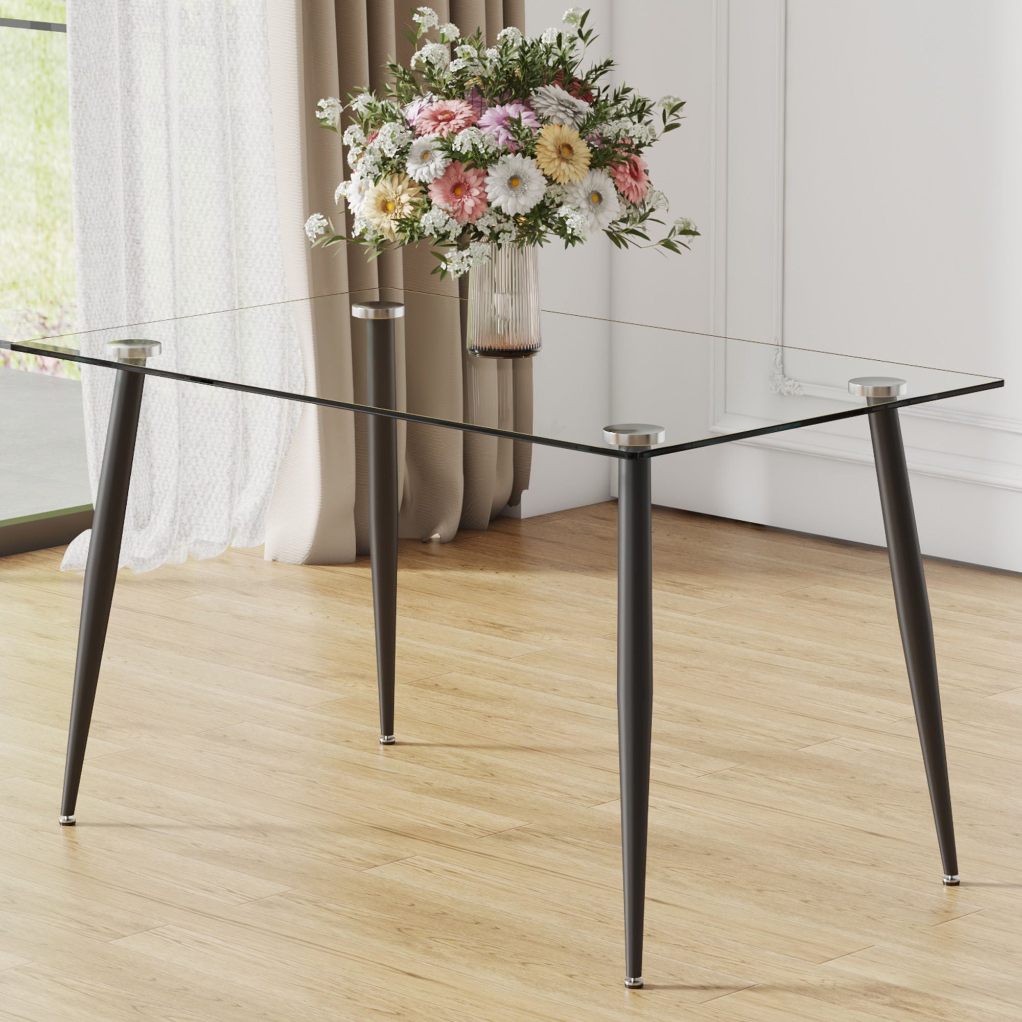 Modern Rectangular Glass Dining Table With Tempered Glass Top And Metal Legs For 4 - 6 People - Black / Transparent