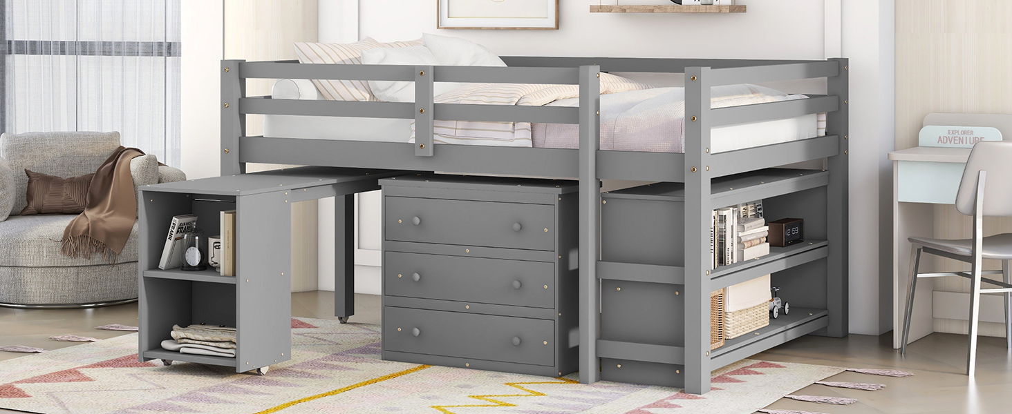 Loft Low Study Bed With Cabinet, Shelves And Rolling Portable Desk, Multiple Functions