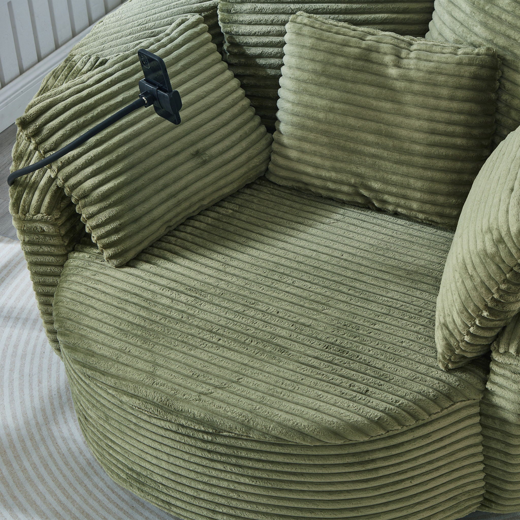 Swivel Accent Barrel Chair With Adjustable Phone Holder, 5 Pillows For Living Room