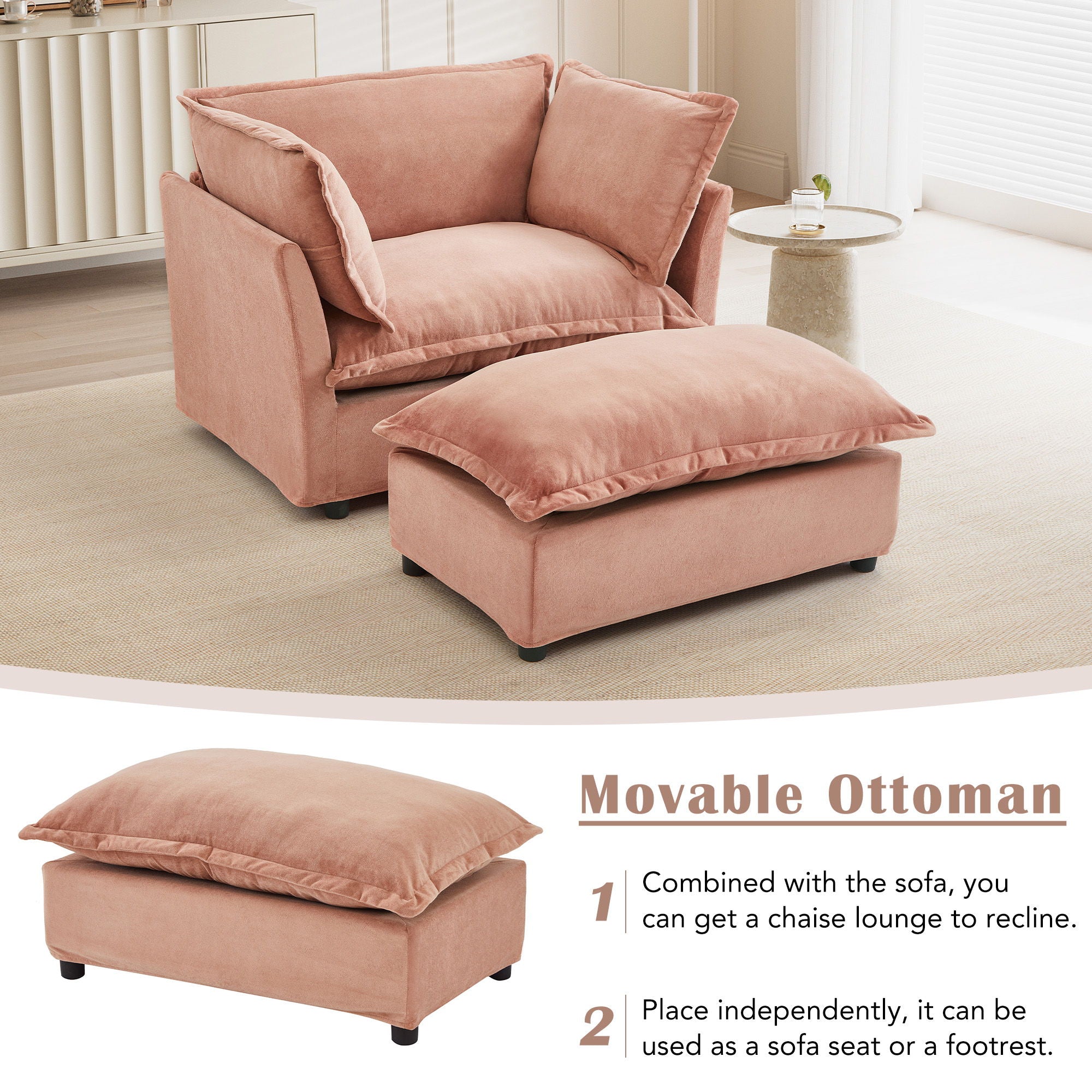 Modern Cozy Upholstered Armchair Sofa With Movable Ottoman