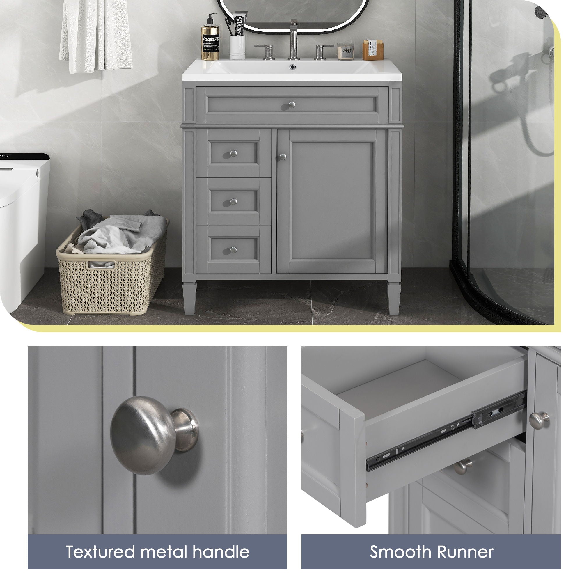 Bathroom Vanity With Top Sink, 2 Drawers And Tip Out Drawer, Rectangular Design
