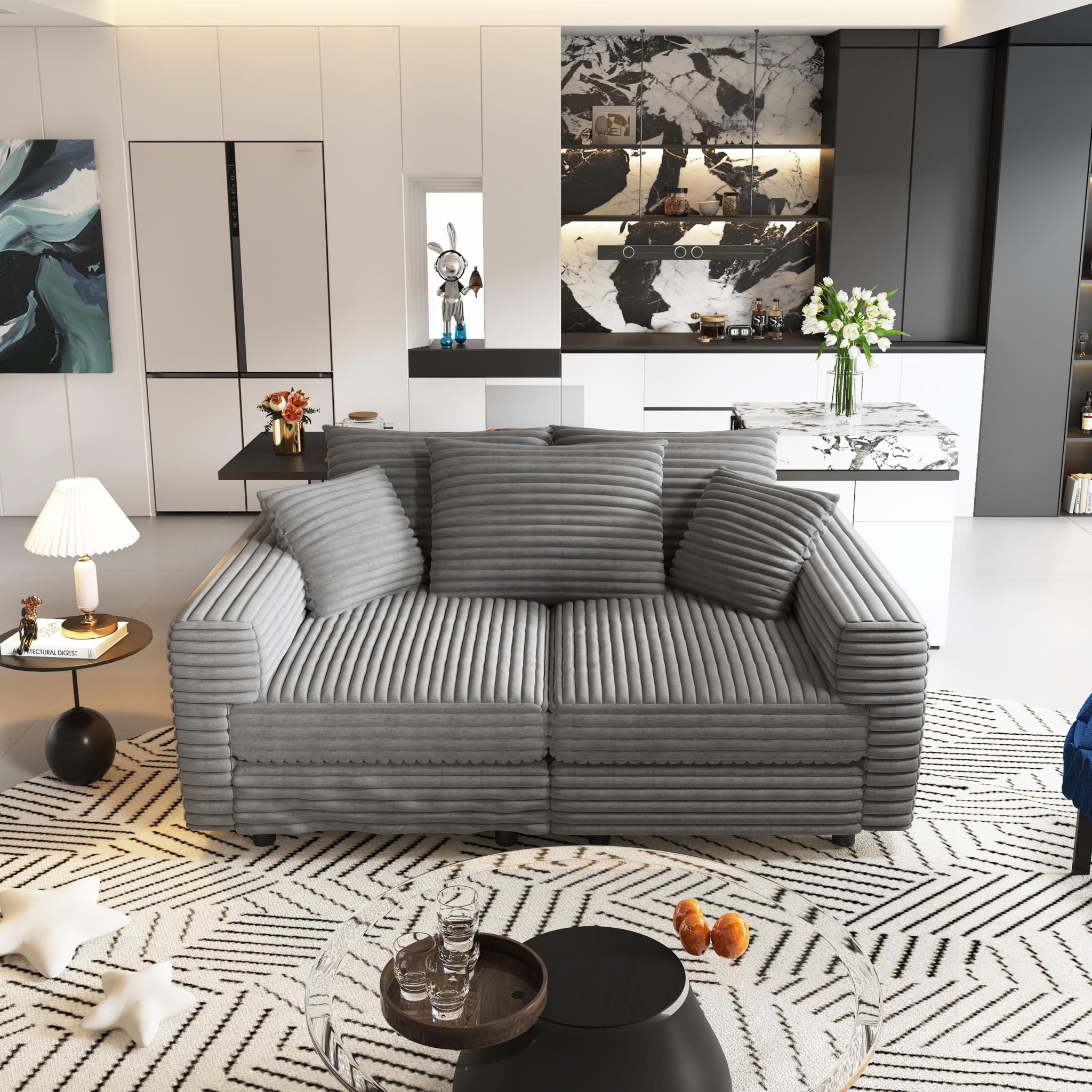 Deep Seat Convertible Sofa With Soft Pillows And Ottomans