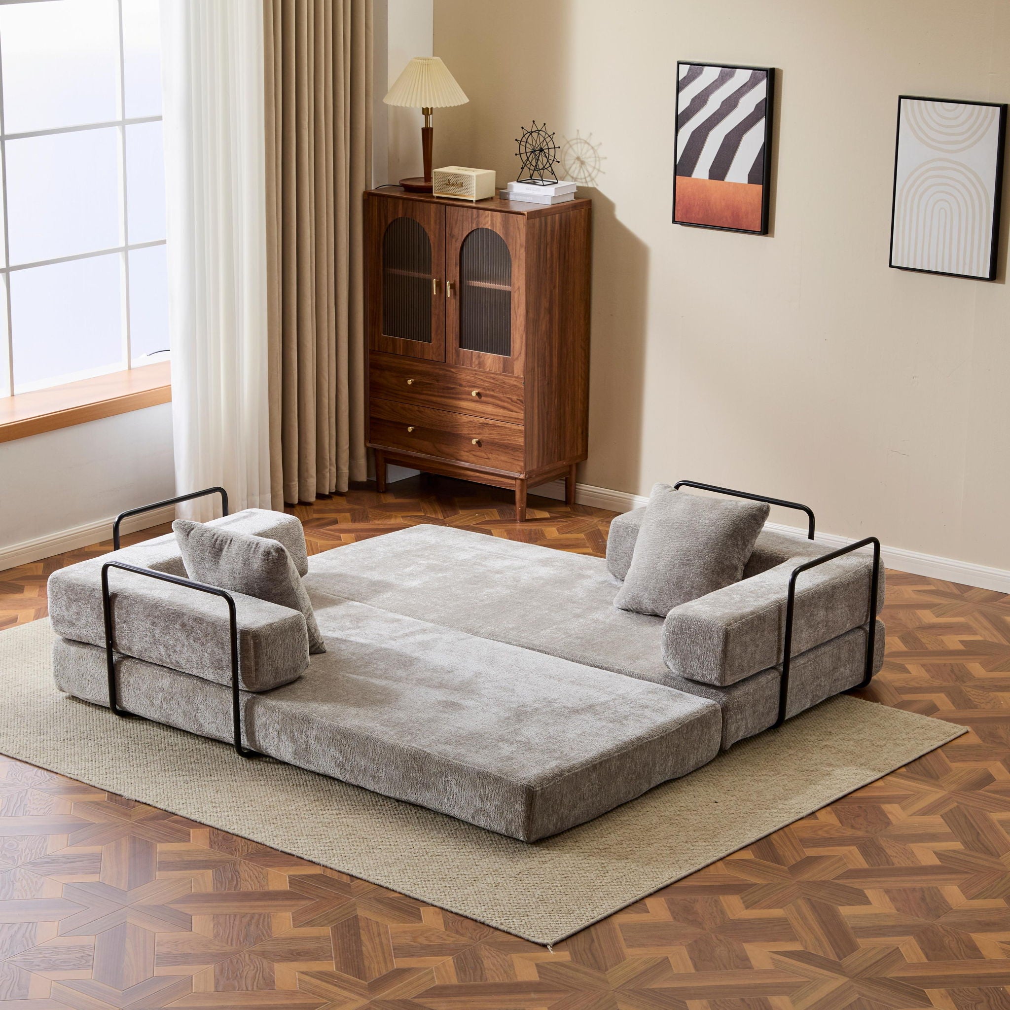 Convertible Floor Sofa Bed With Pillow Back Support Armrest