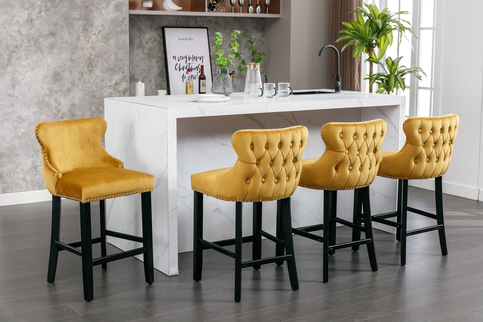 Contemporary Upholstered Wing-Back Barstools With Button Tufted Decoration And Wooden Legs, And Nailhead Trim, Leisure Style Bar Chairs, Bar Stools (Set of 2)