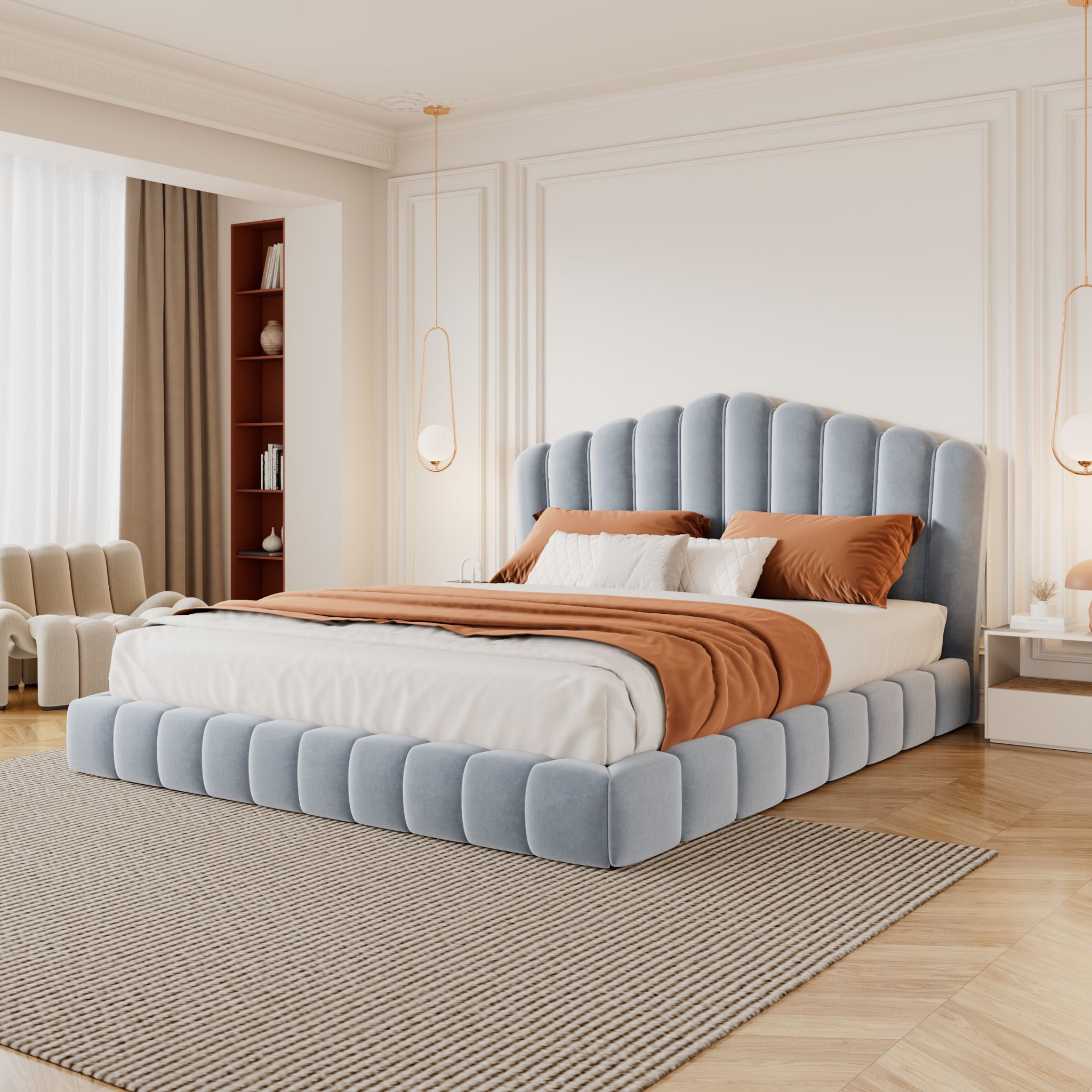 Queen Upholstered Bed Frame With Shell Shaped Headboard - Light Blue - Light Blue