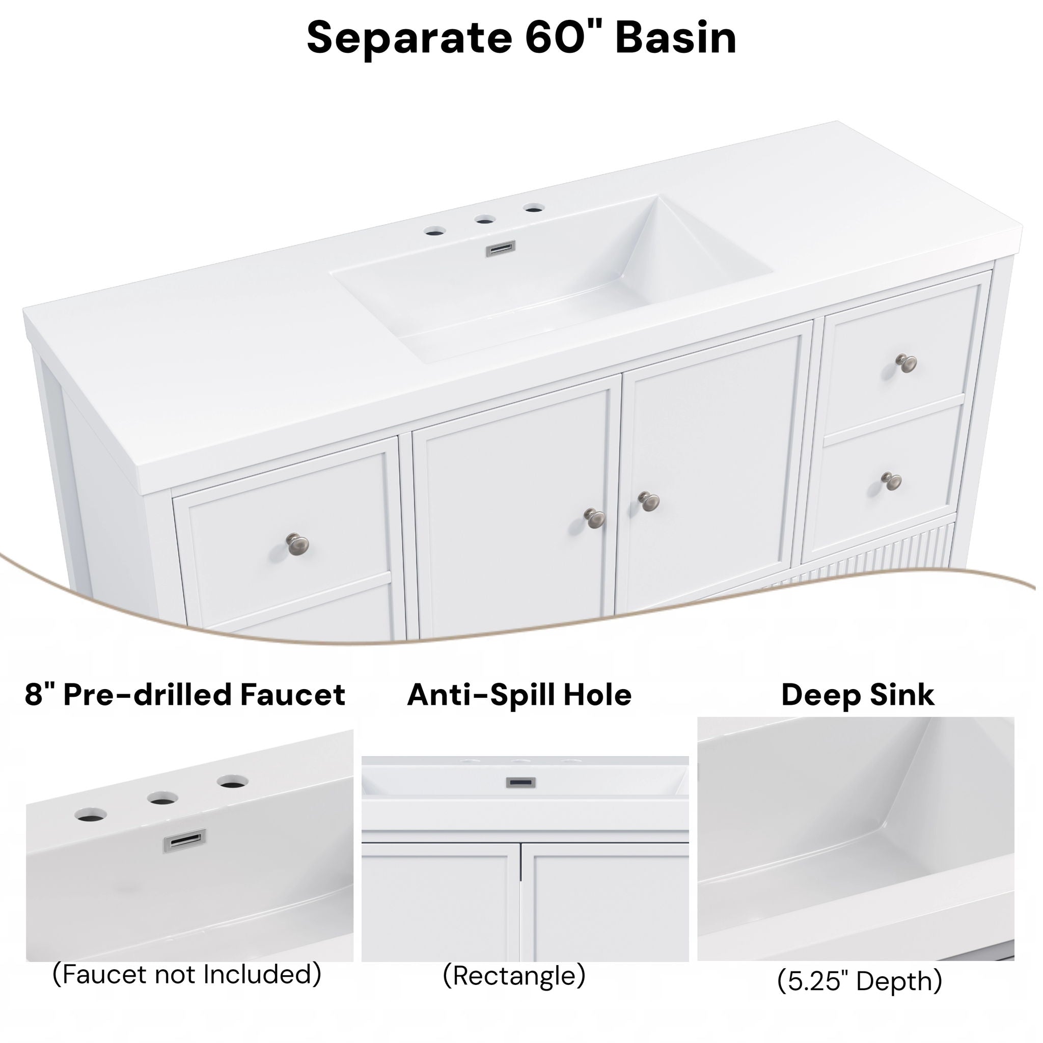 Bathroom Vanity With Separate Sink, Soft Close Doors And 4 Drawers