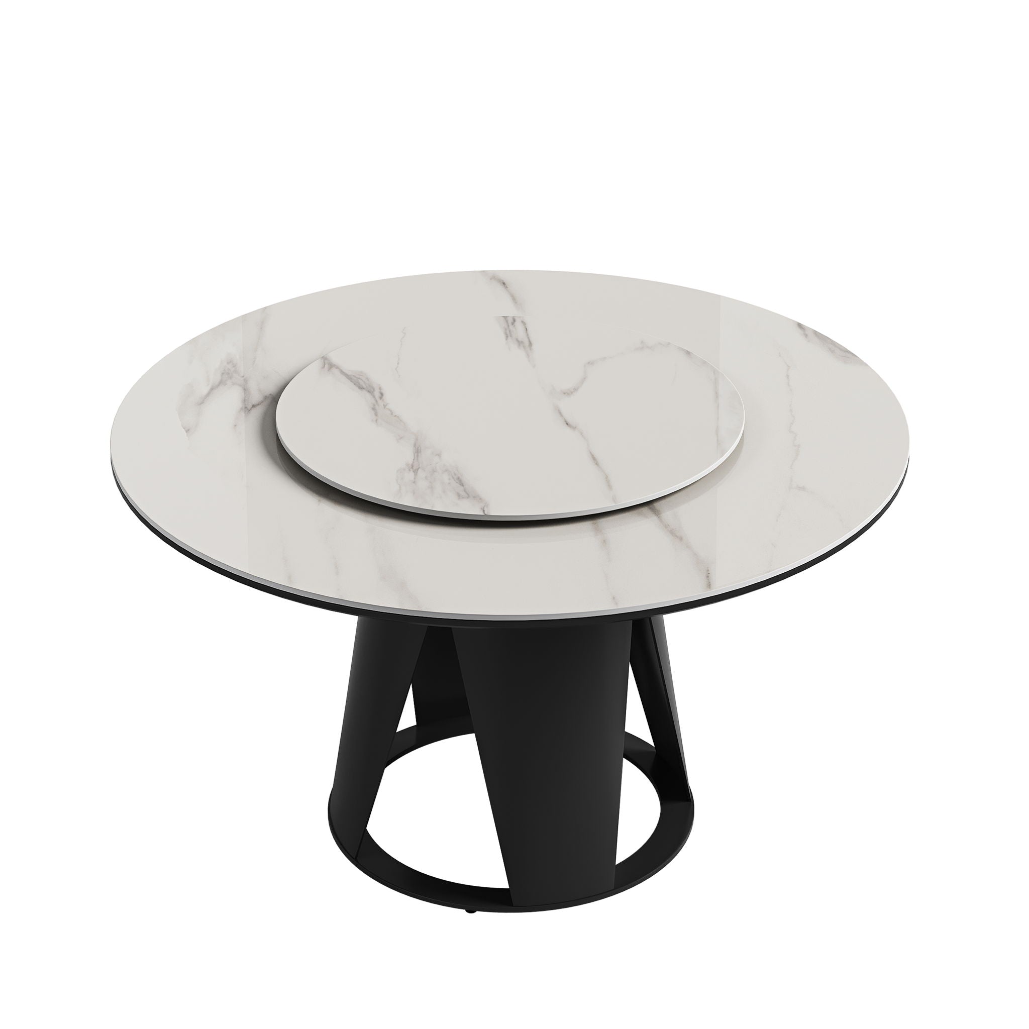 Modern Sintered Stone Dining Table With Round Turntable, Metal Pedestal, And Chairs