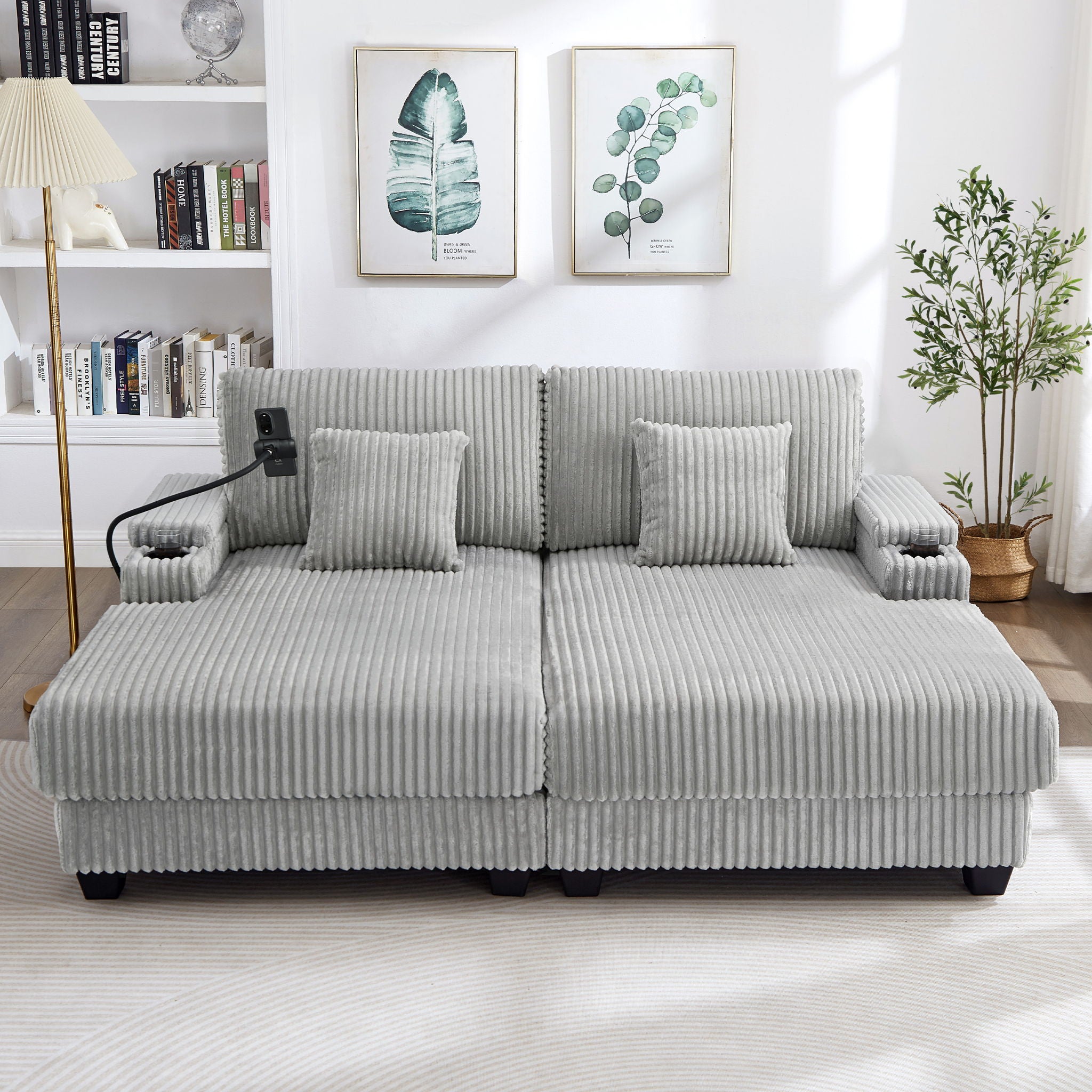 Modern Chaise Sofa With Adjustable Backrest, Cup Holders, Phone Holder & Storage Compartments For Living Room