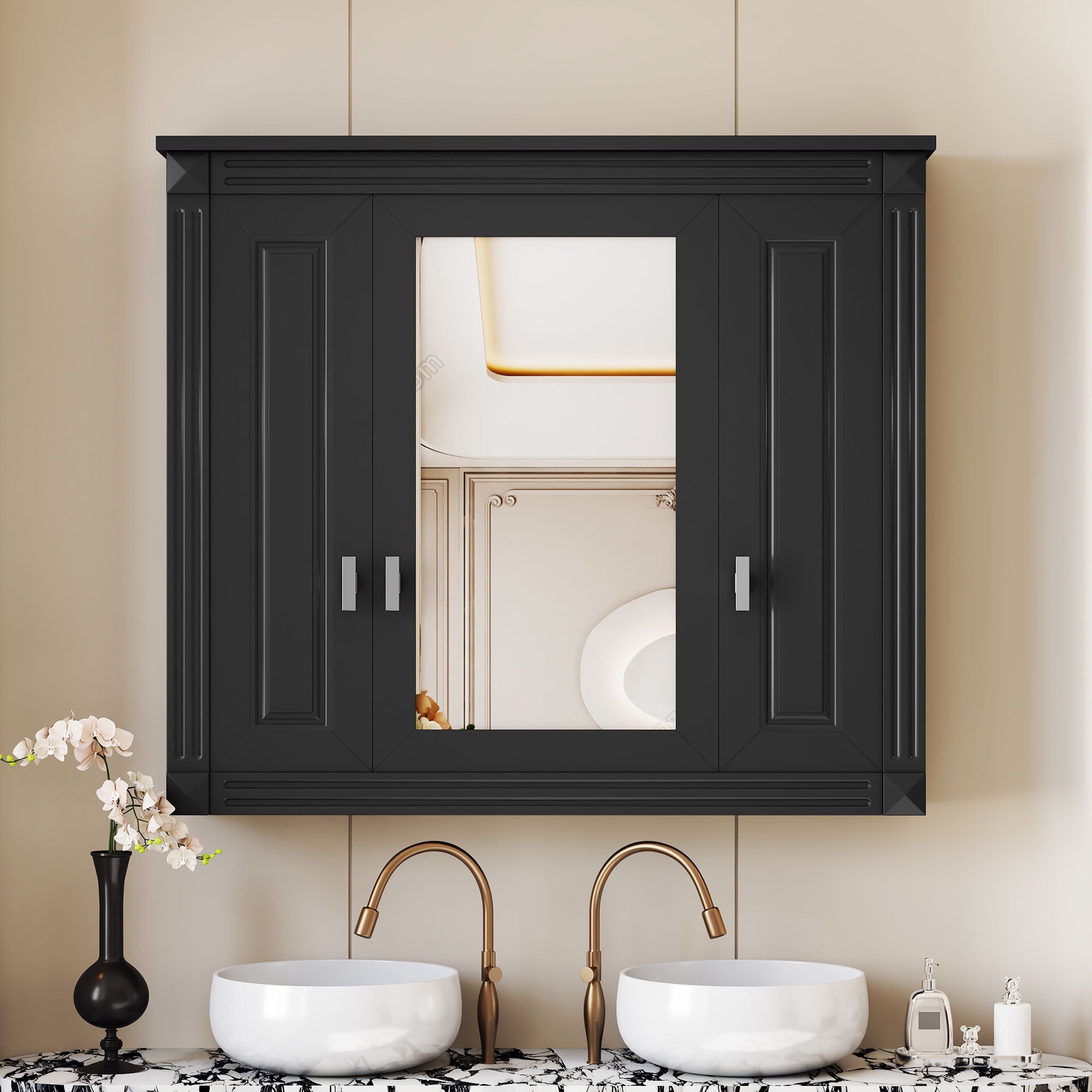Wall Mounted Bathroom Cabinet With Mirror And 5 Shelves, Rectangular Design