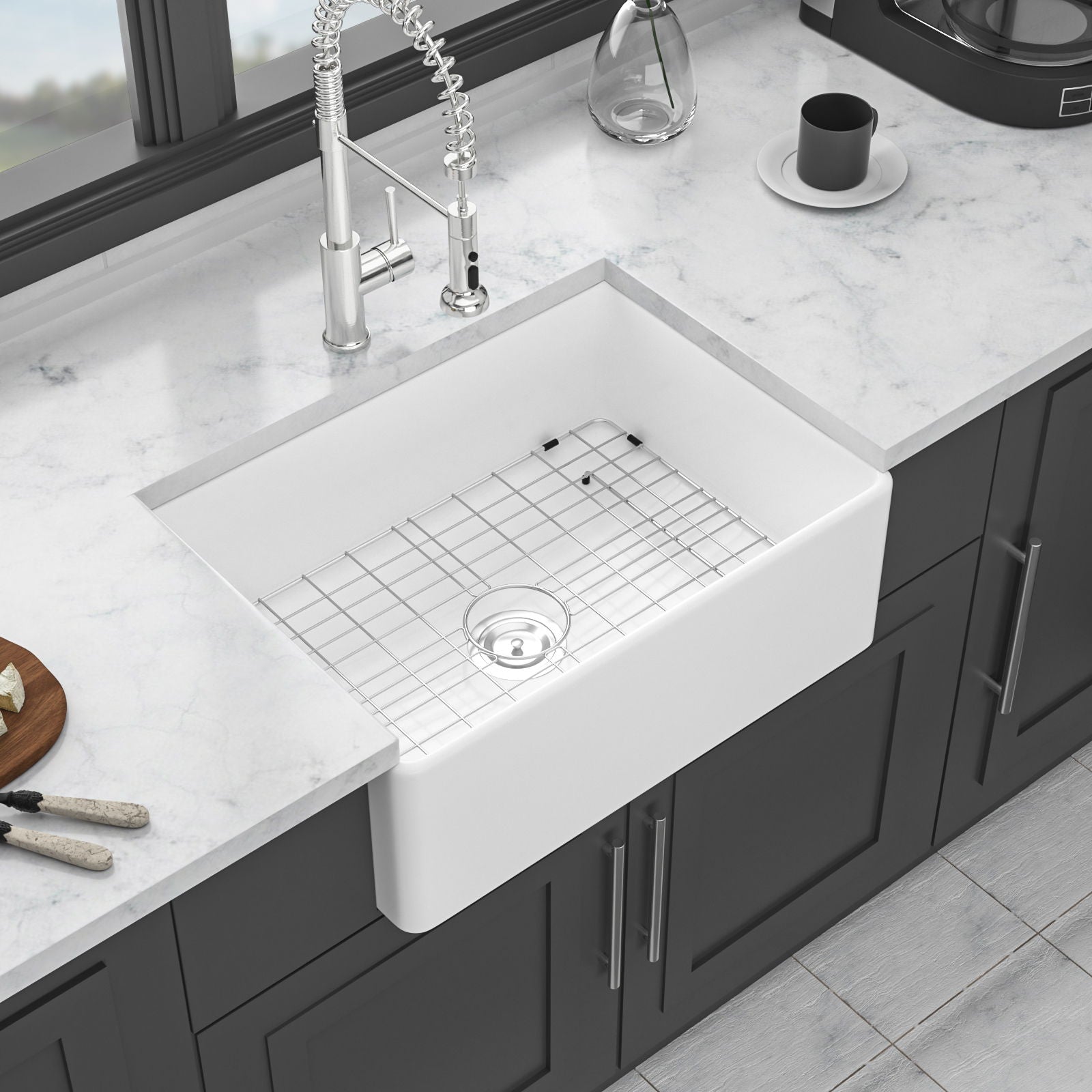 Elegant Farmhouse Apron Front Ceramic Single Bowl, Kitchen Basin