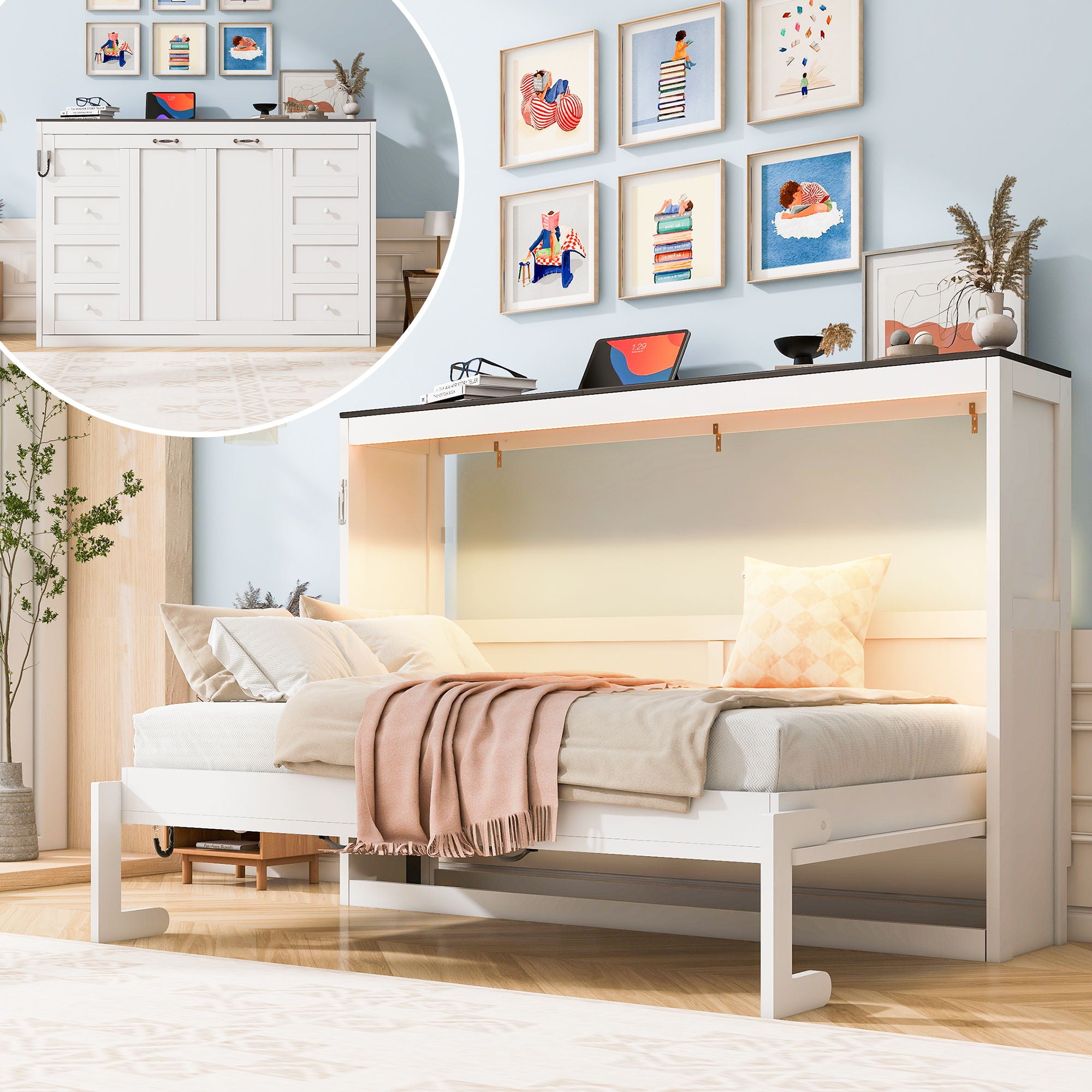 Murphy Bed With LED Light, Foldable Wall Bed Cabinet