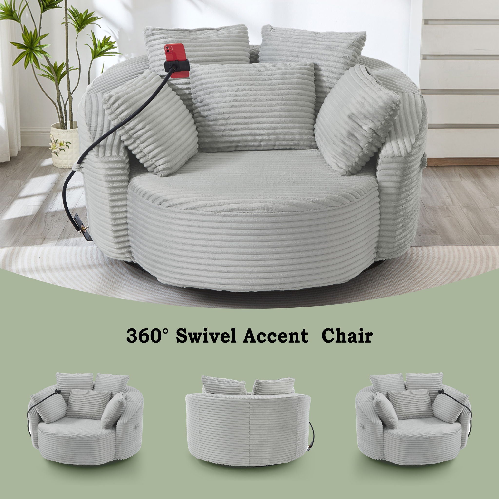 Swivel Accent Barrel Chair With Adjustable Phone Holder, 5 Pillows For Living Room