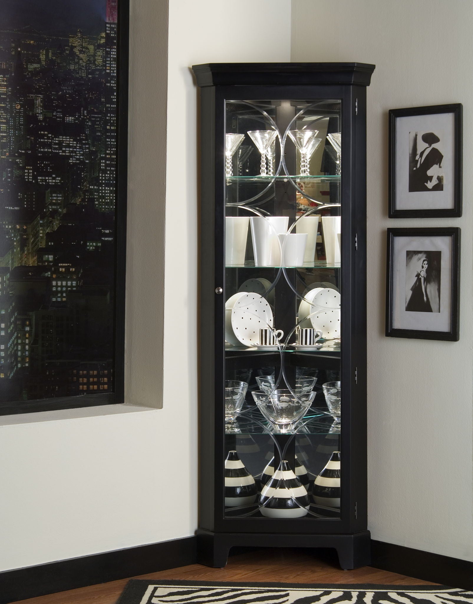 PFC Curios - Lighted 4 Shelf Corner Curio Cabinet - Oxford Black