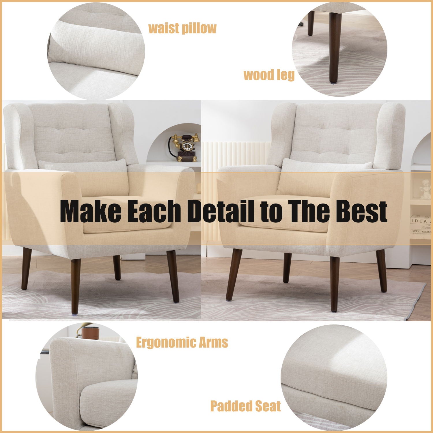 Modern Accent Chair Upholstered Foam Filled Living Room Chairs Comfy Reading Chair Mid-Century Modern Chair With Fabric Lounge Arm Chairs Armchair For Living Room Bedroom