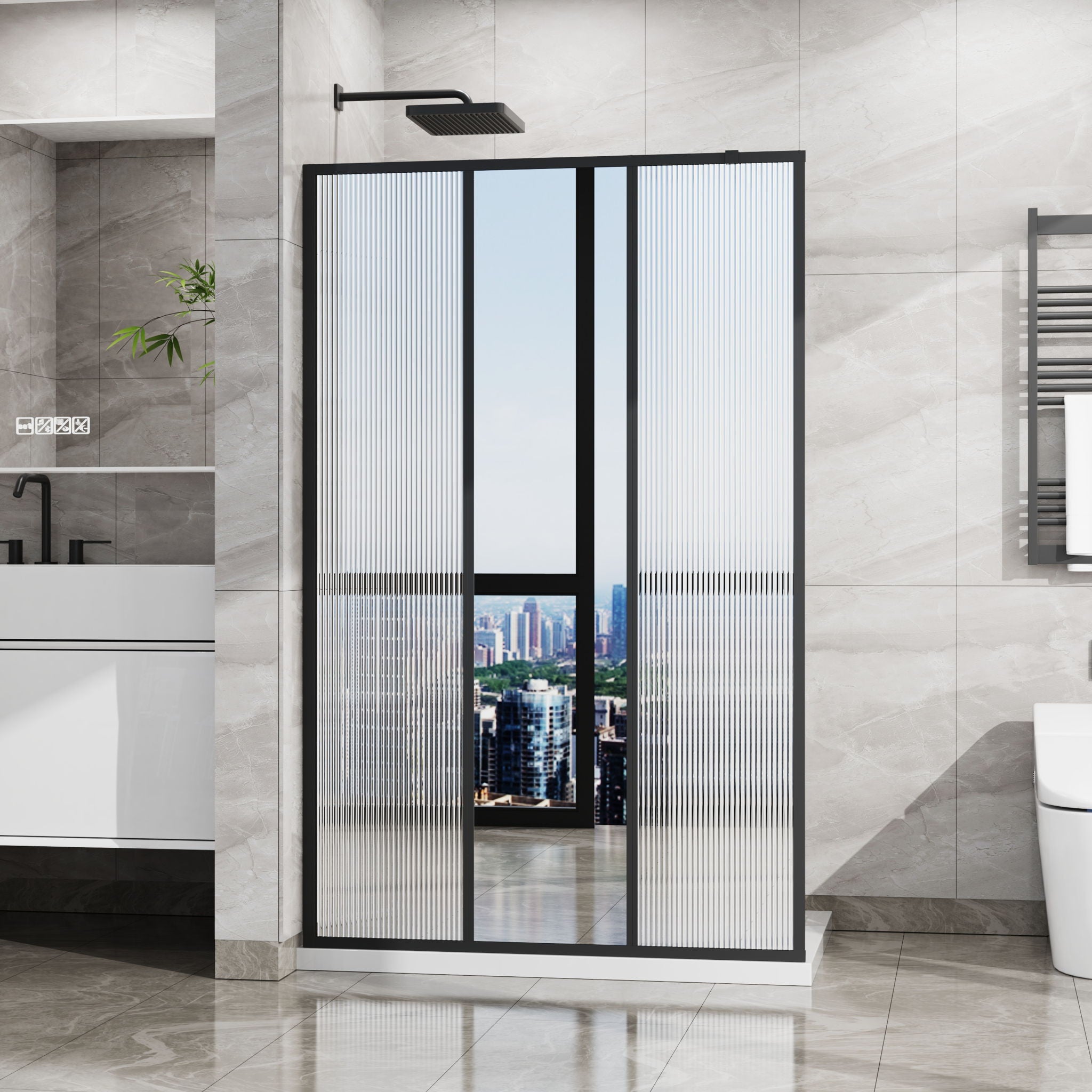 Shower Door With Center Mirror And Fluted Panels