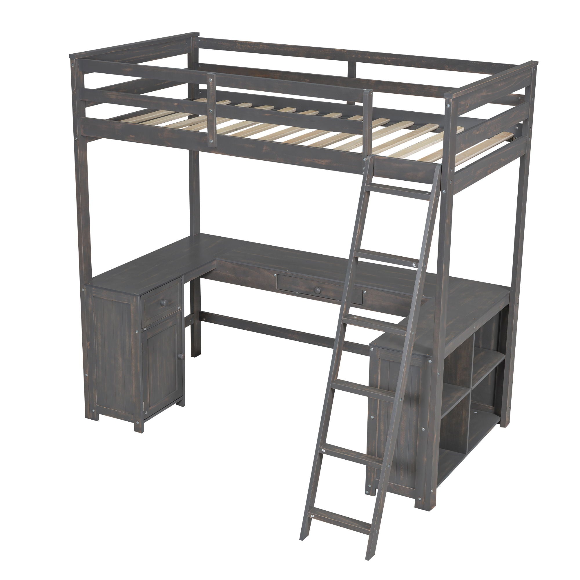 Loft Bed With U-Shaped Desk, Drawers, And Storage Shelves