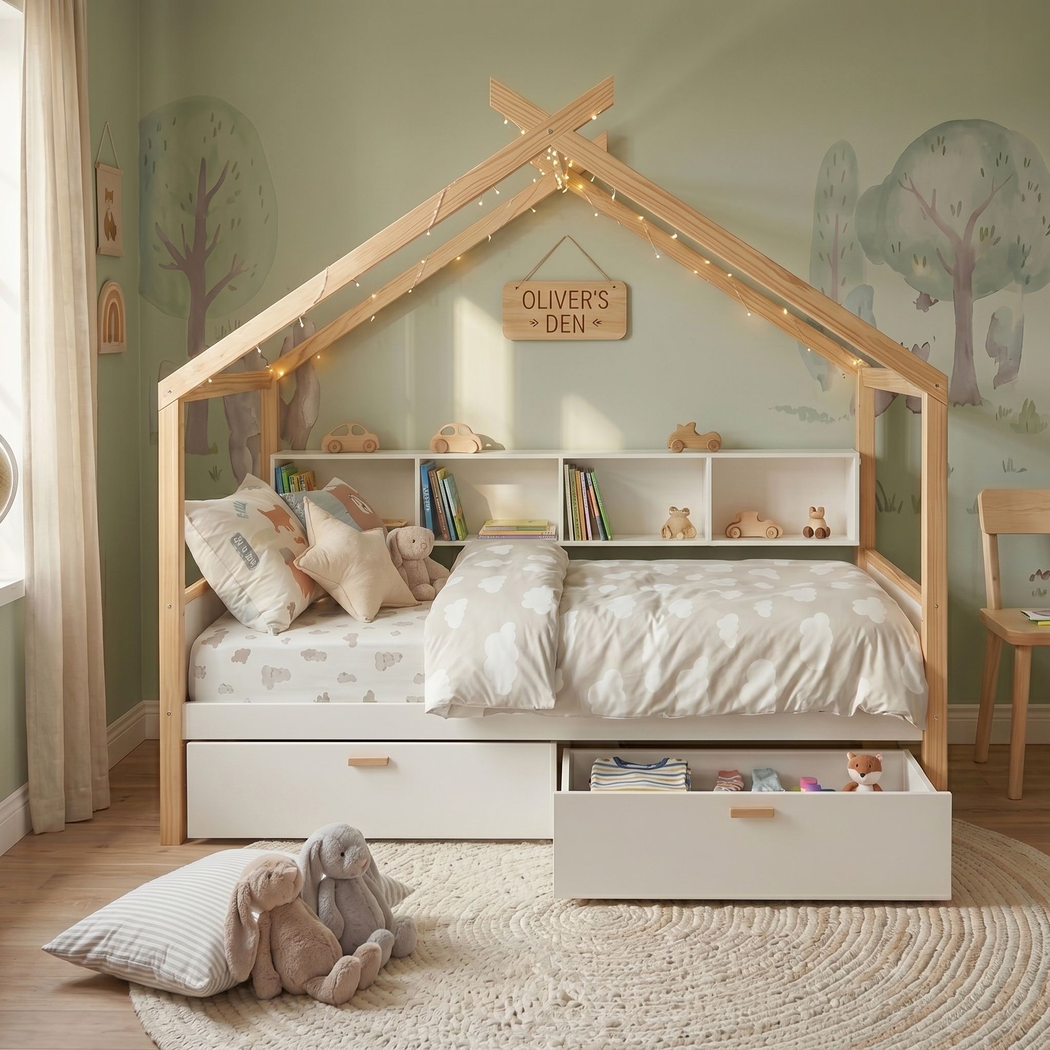 House Bed With Bookshelf Storage