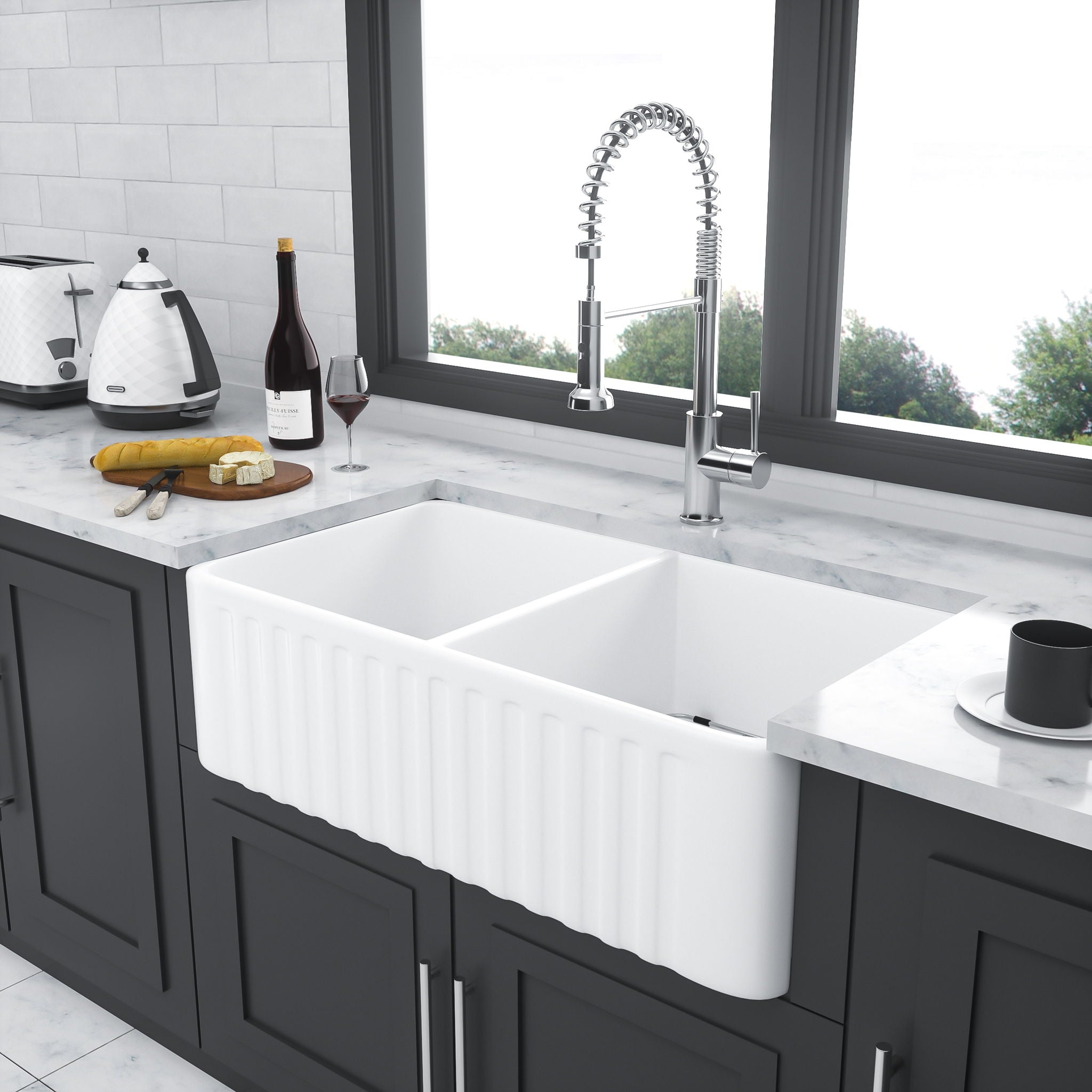 Sink 33" Double Bowl Apron Front Kitchen Sink 50 / 50 - White