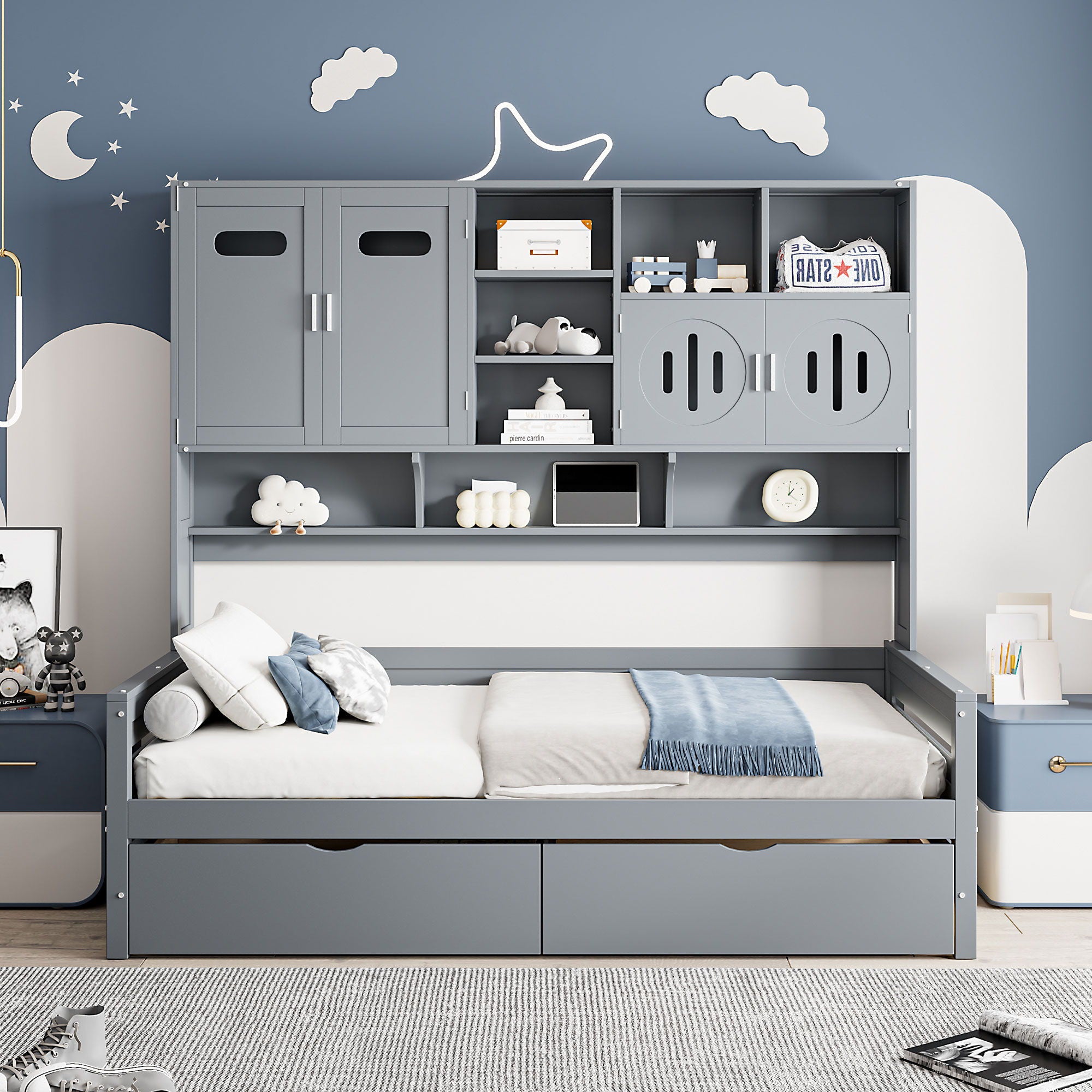 Daybed With All-In-One Cabinet And Shelf