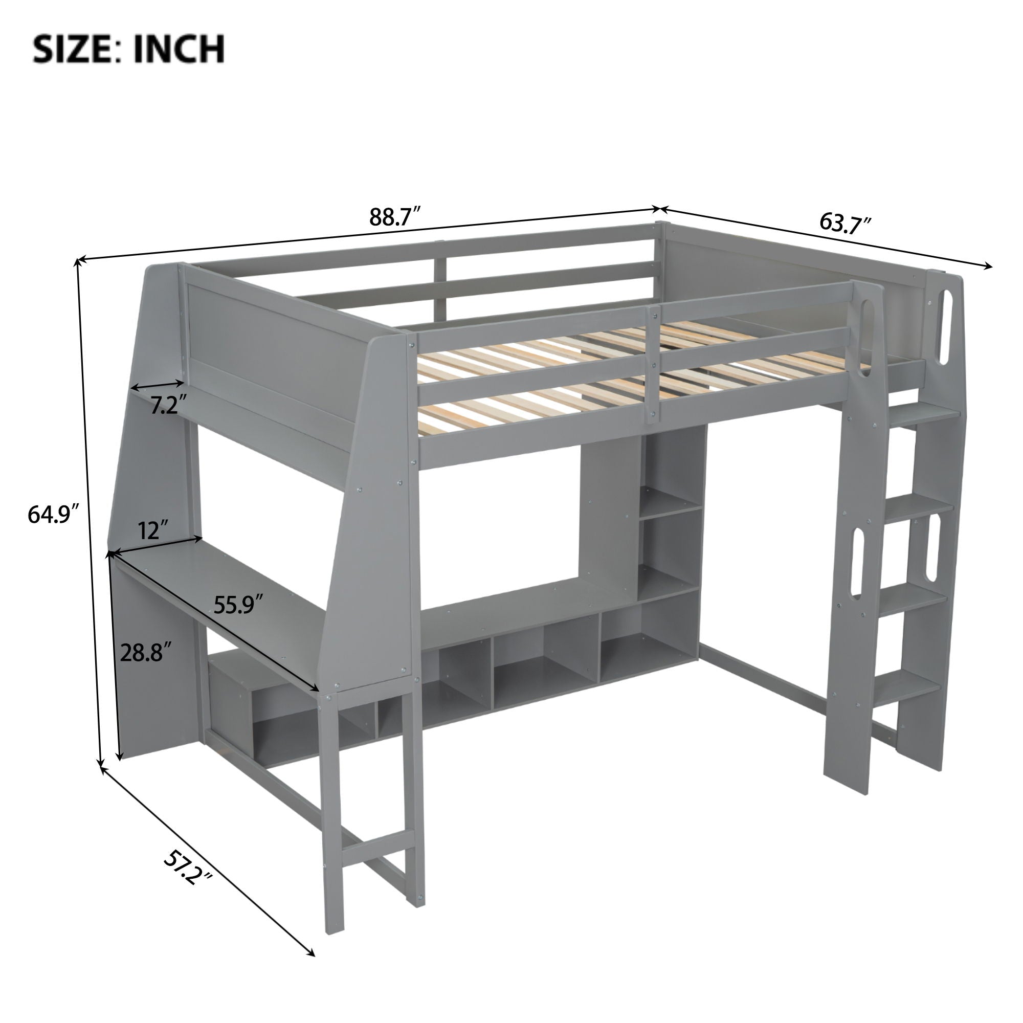 Gaming Loft Bed With Desk, Multi Storage Shelves, LED Lighting, And Hanging Clothes Rack