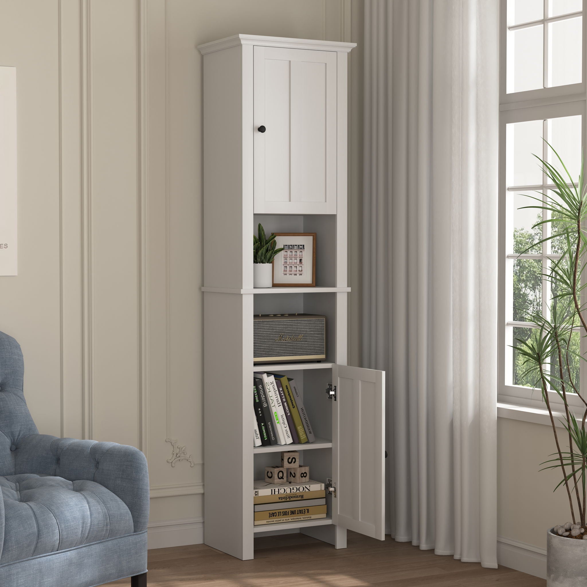 Wooden Bathroom Floor Storage Cabinet With 2 Doors And 6 Shelves - White