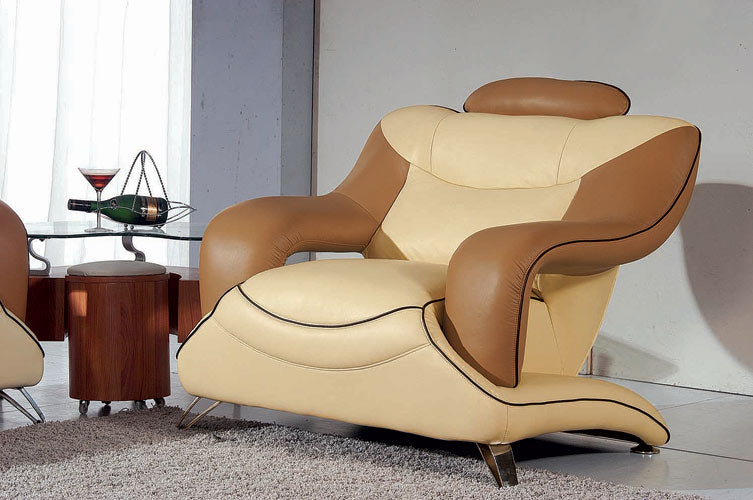 7055 Modern Cream and Camel Leather Sofa Set