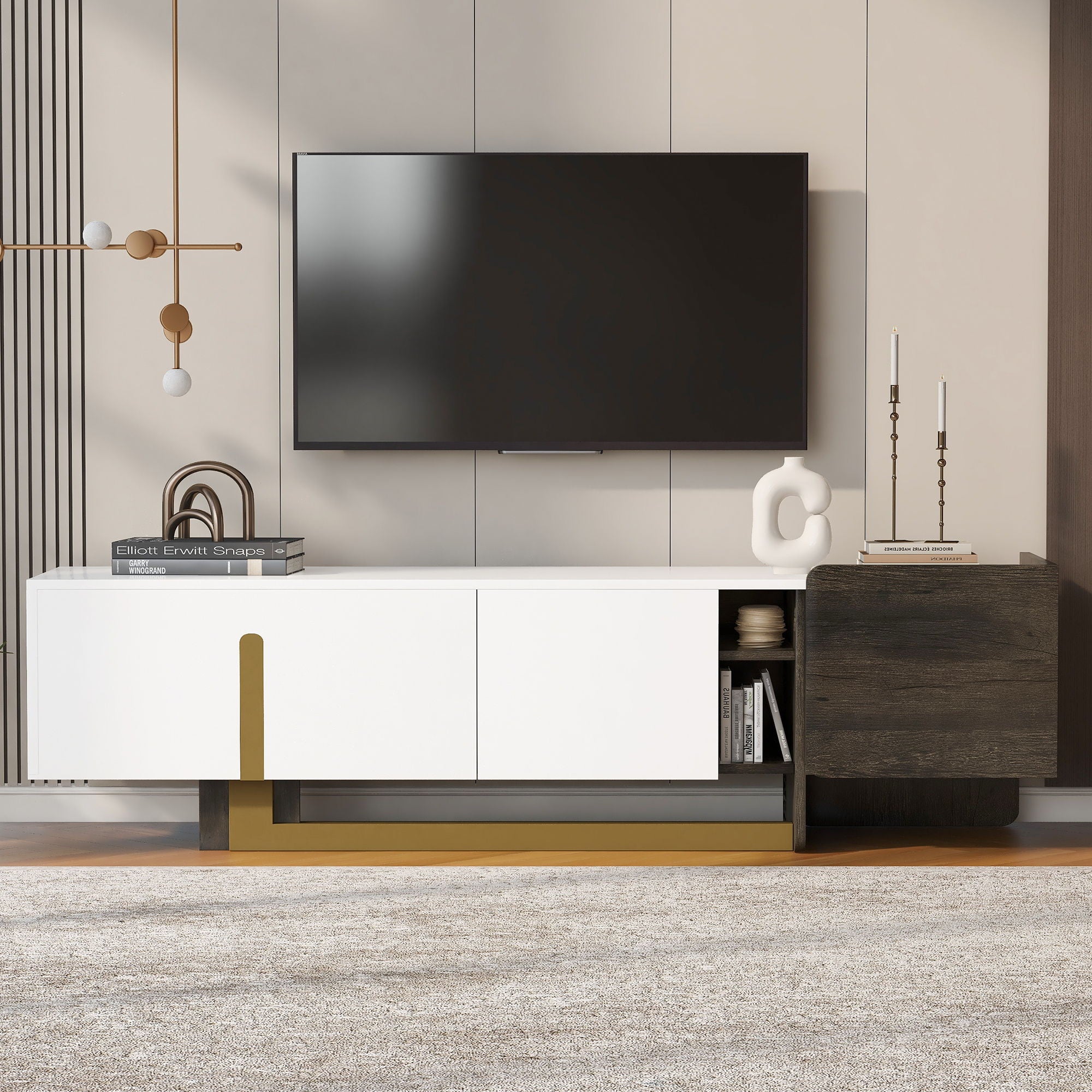 TV Stand With 1 Drawer, 2 Cabinets And Adjustable Shelves