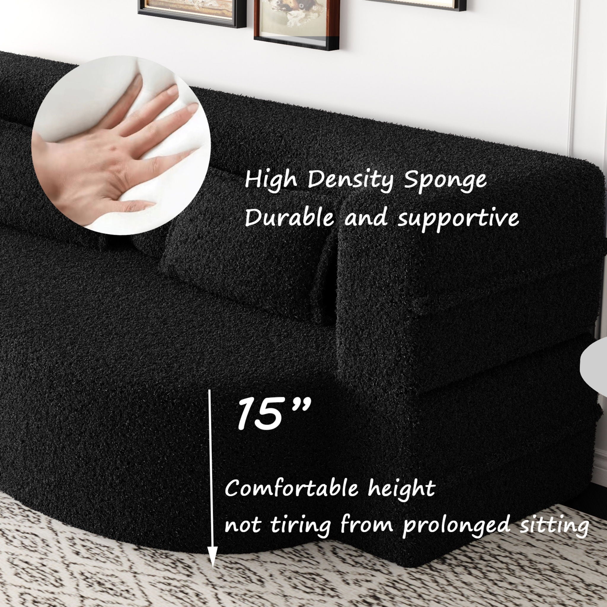 Modern Floor Sofa, With 2 Pillows, Convertible Teddy Fabric Foam Filled Bed