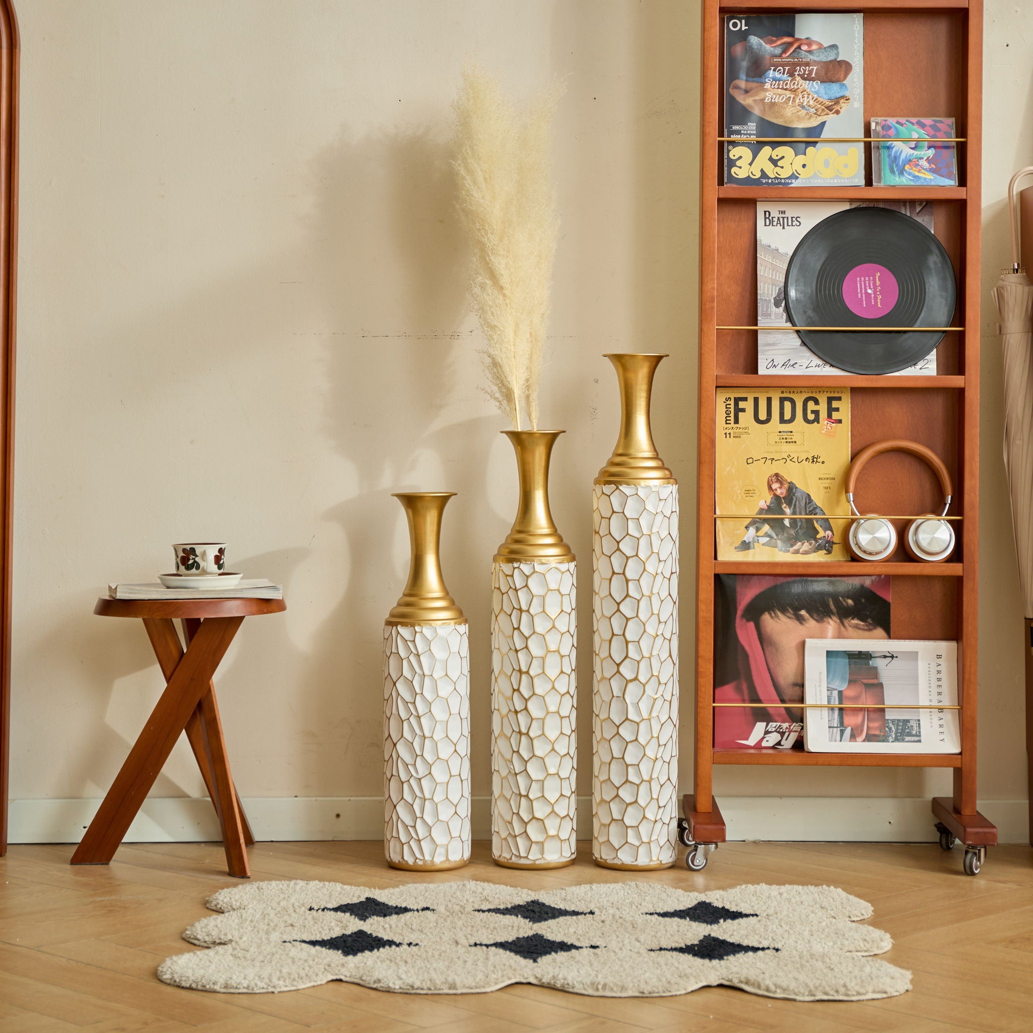 Floor Metal Vase Modern Style Decoration Home Metal Vase (Set of 3) Gorgeous Home Decoration Large Glazed Metal Vases - Gold / White