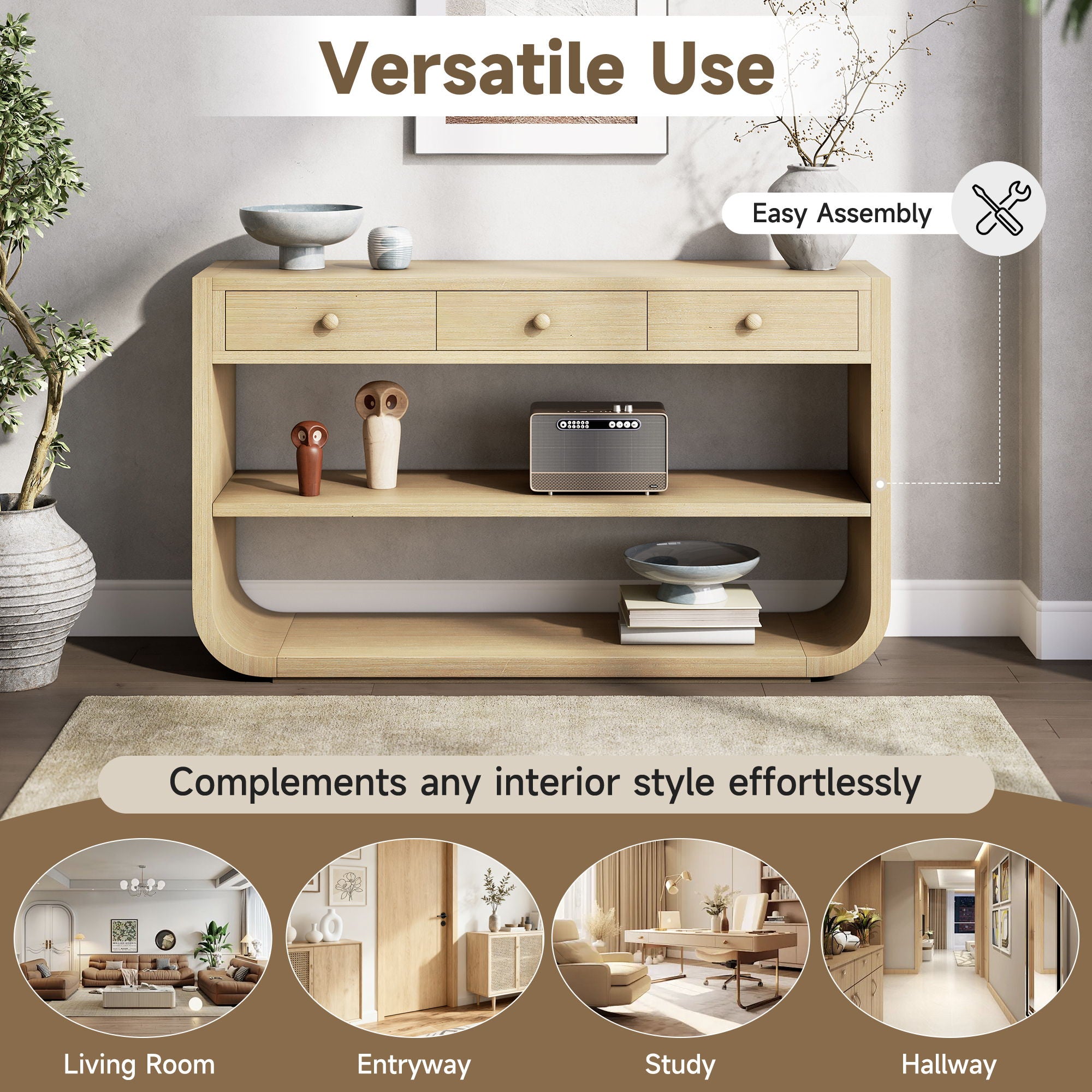 Console Table With 3 Soft Close Drawers & 2 Open Shelves - Natural