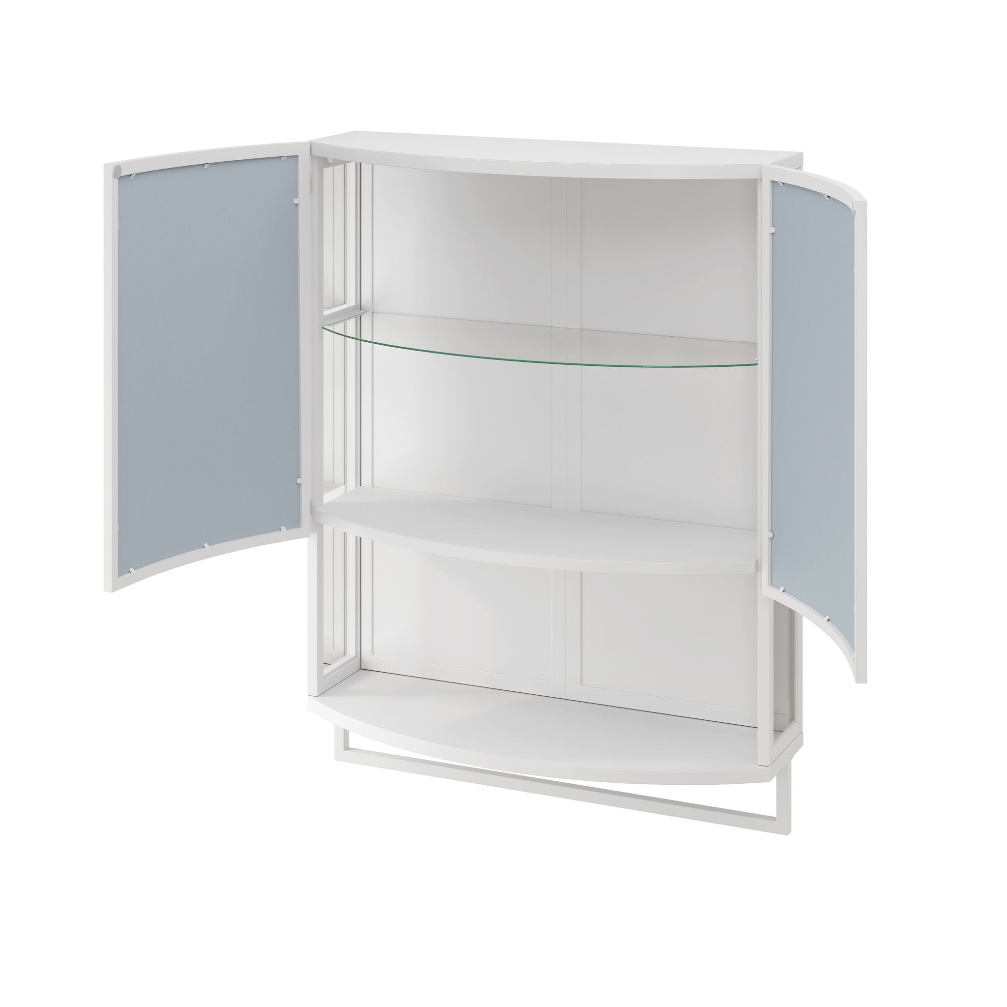 Arched Glass Double Door Wardrobe With Shatterproof Mirror, Open Shelf & Towel Rack