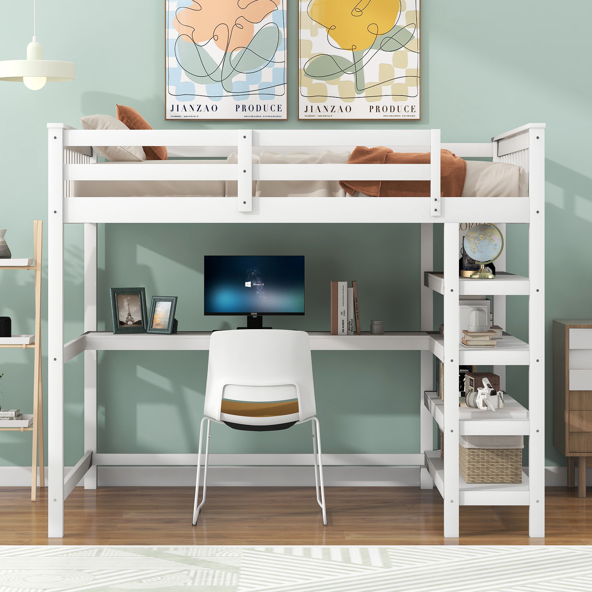 Loft Bed With Storage Shelves And Under Bed Desk