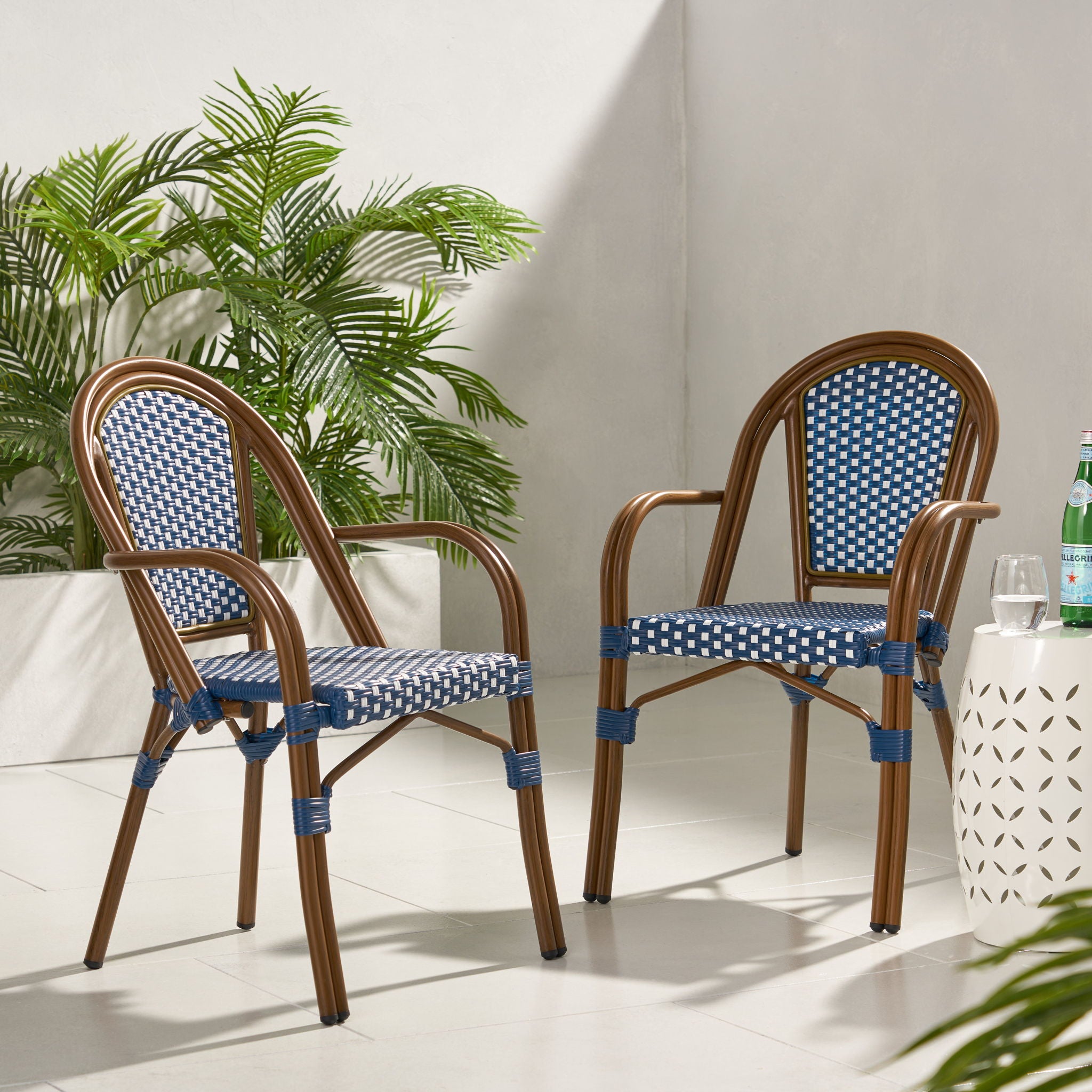Bistro Chair With 2 Toned Checkered Pattern, (Set of 2) - White / Navy