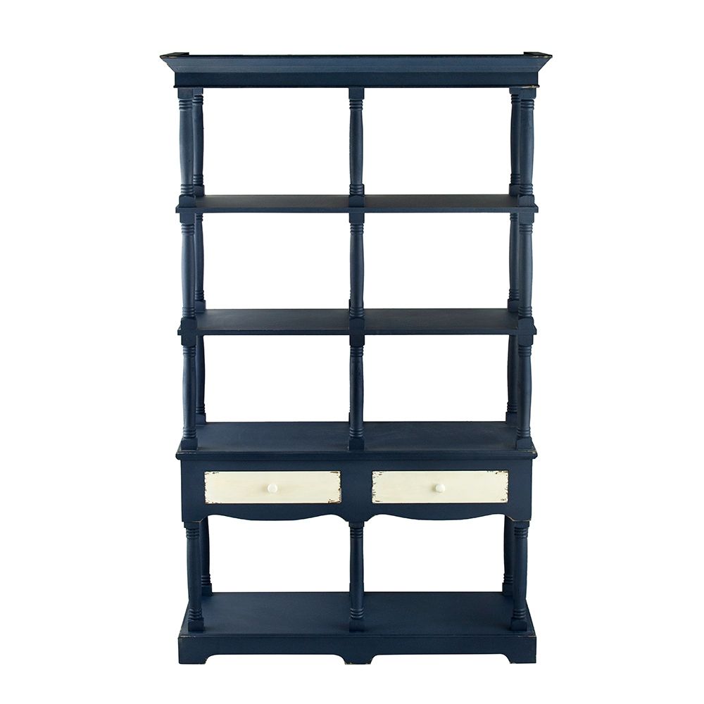 4 Tiered Wooden Shelf With Two Drawers, Farmhouse Wood Bookcase Display Storage Shelf Etageres - Antique Navy Blue