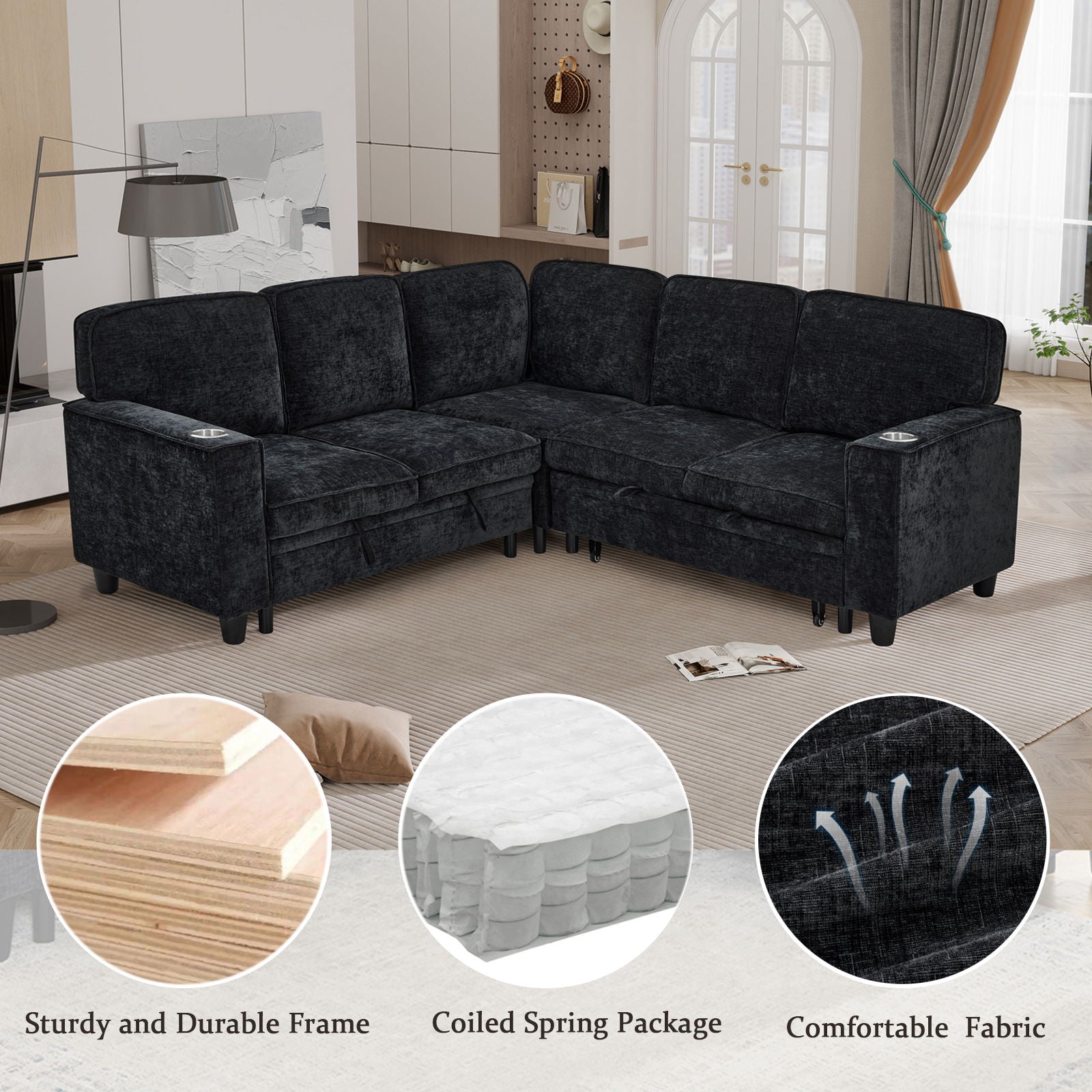 L-Shaped Sofa With Pull Out Sofa Bed With USB