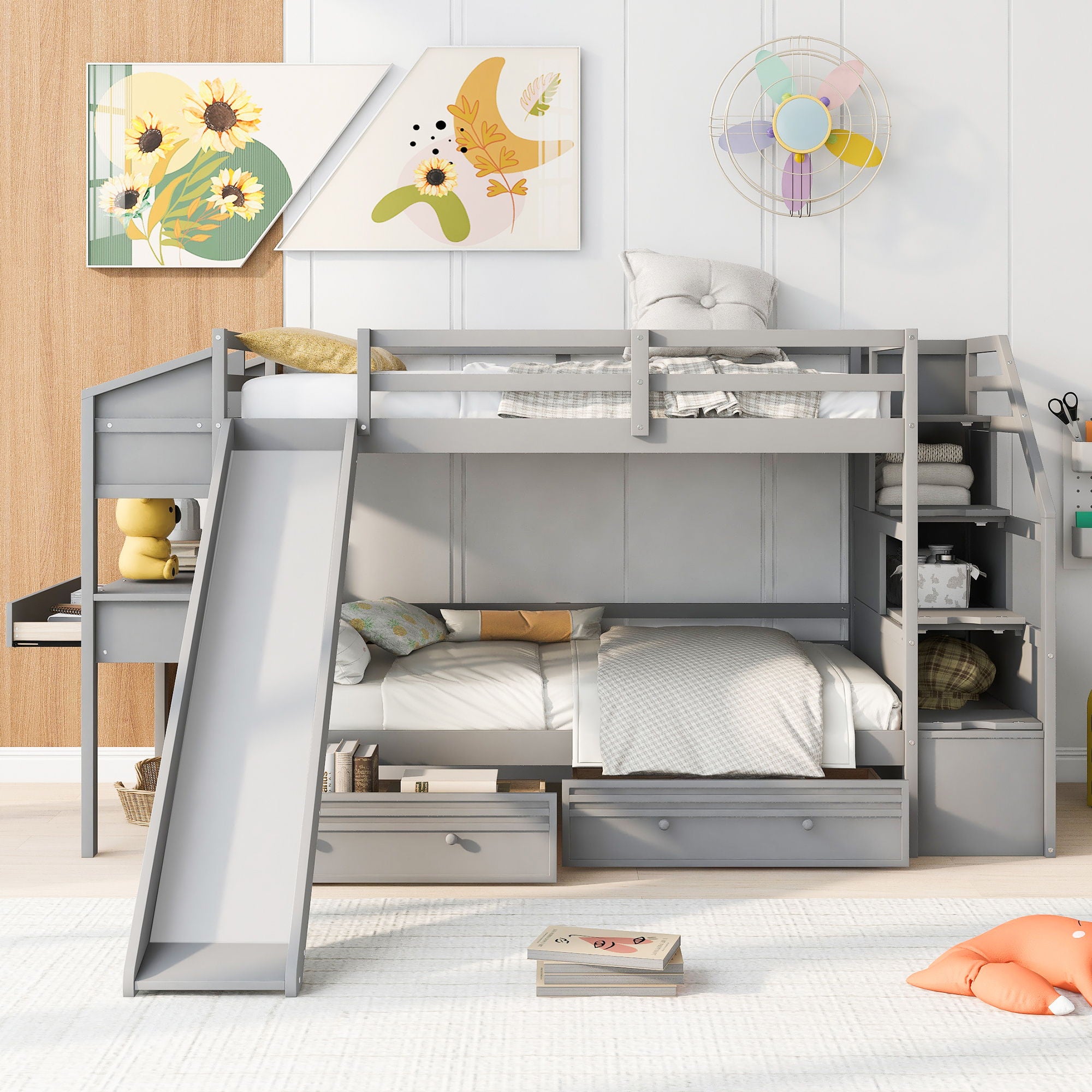 Bunk Bed With Storage Staircase, Slide, Desk, Drawers, And Shelves