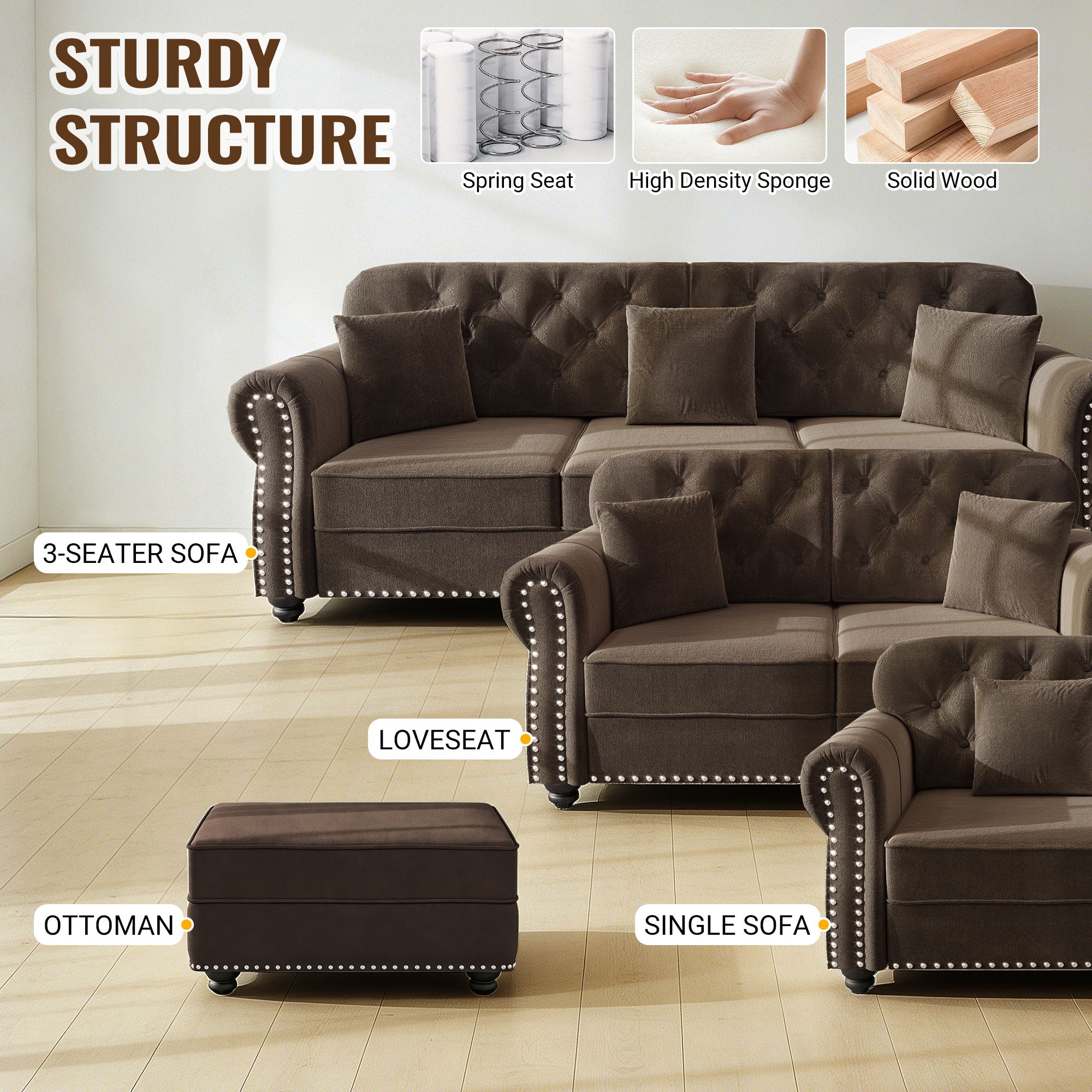 Upholstered Sofa With Nailhead Trim And Rolled Armrests