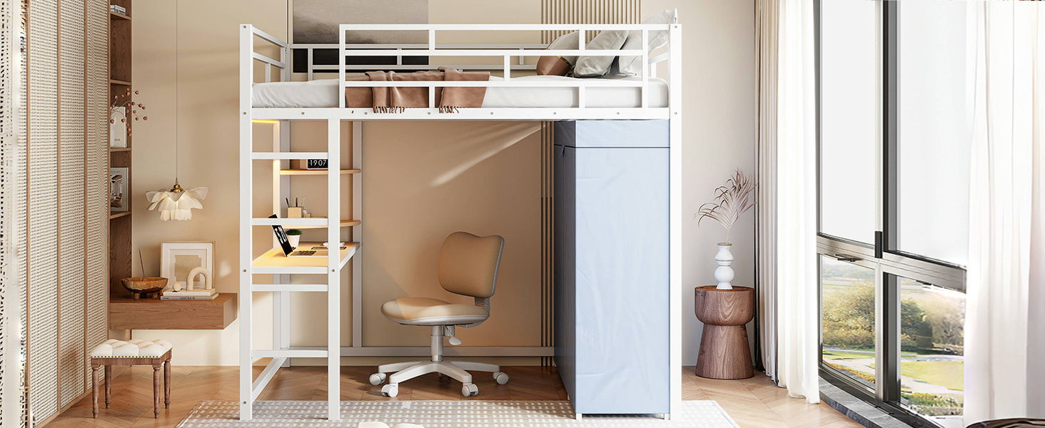 Loft Bed With Desk, Shelves, Power Outlet, LED Light And Wardrobe