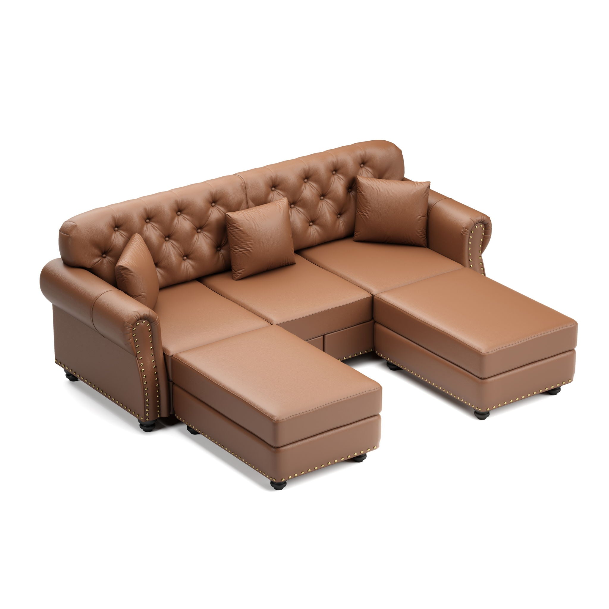 Upholstered Sofa With Nailhead Trim, Rolled Armrests With Ottoman