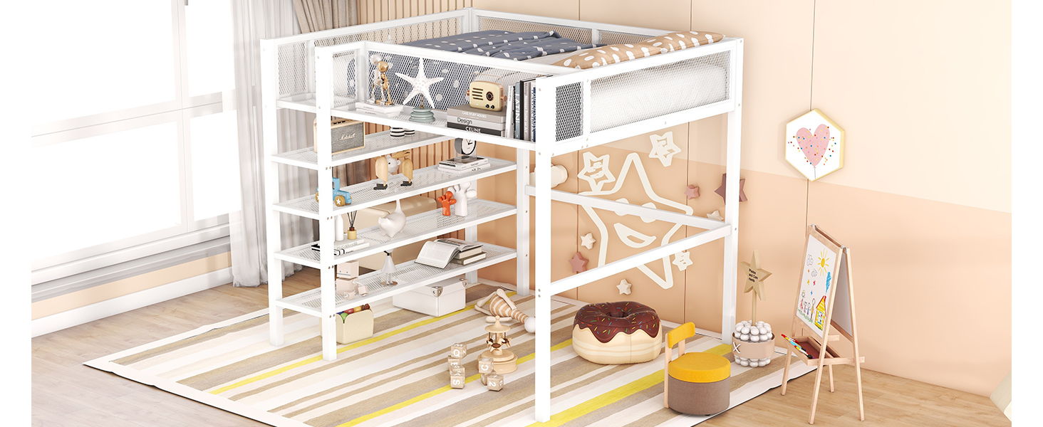 Loft Bed With 4 Tier Shelves And Storage