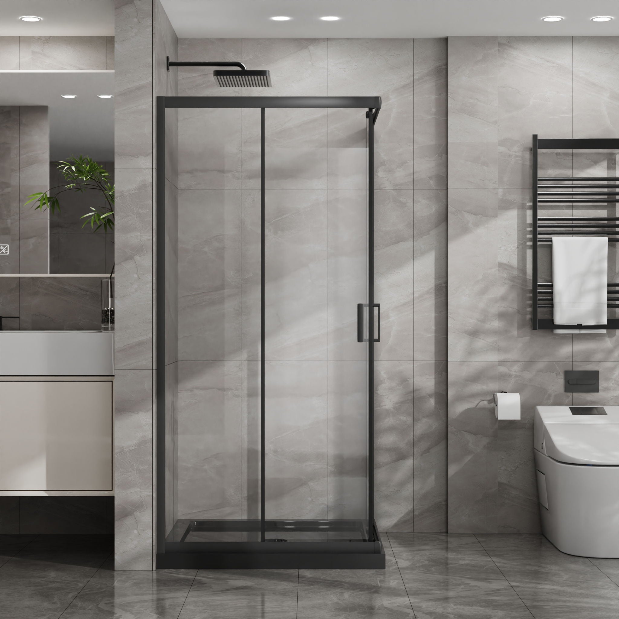 Corner Shower Enclosure, Double Sliding Door With Shower Base - Matte Black
