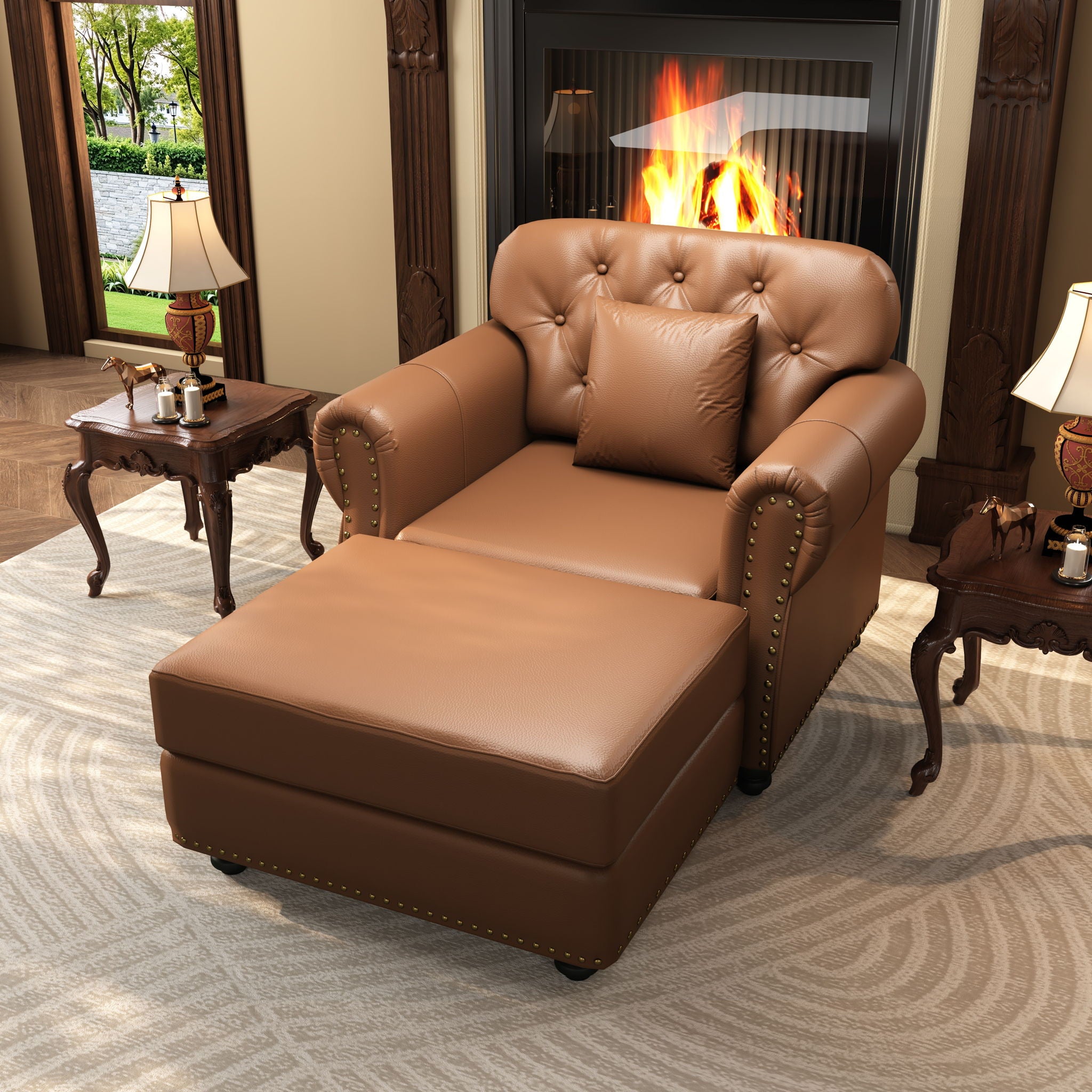 Upholstered Sofa With Nailhead Trim, Rolled Armrests With Ottoman