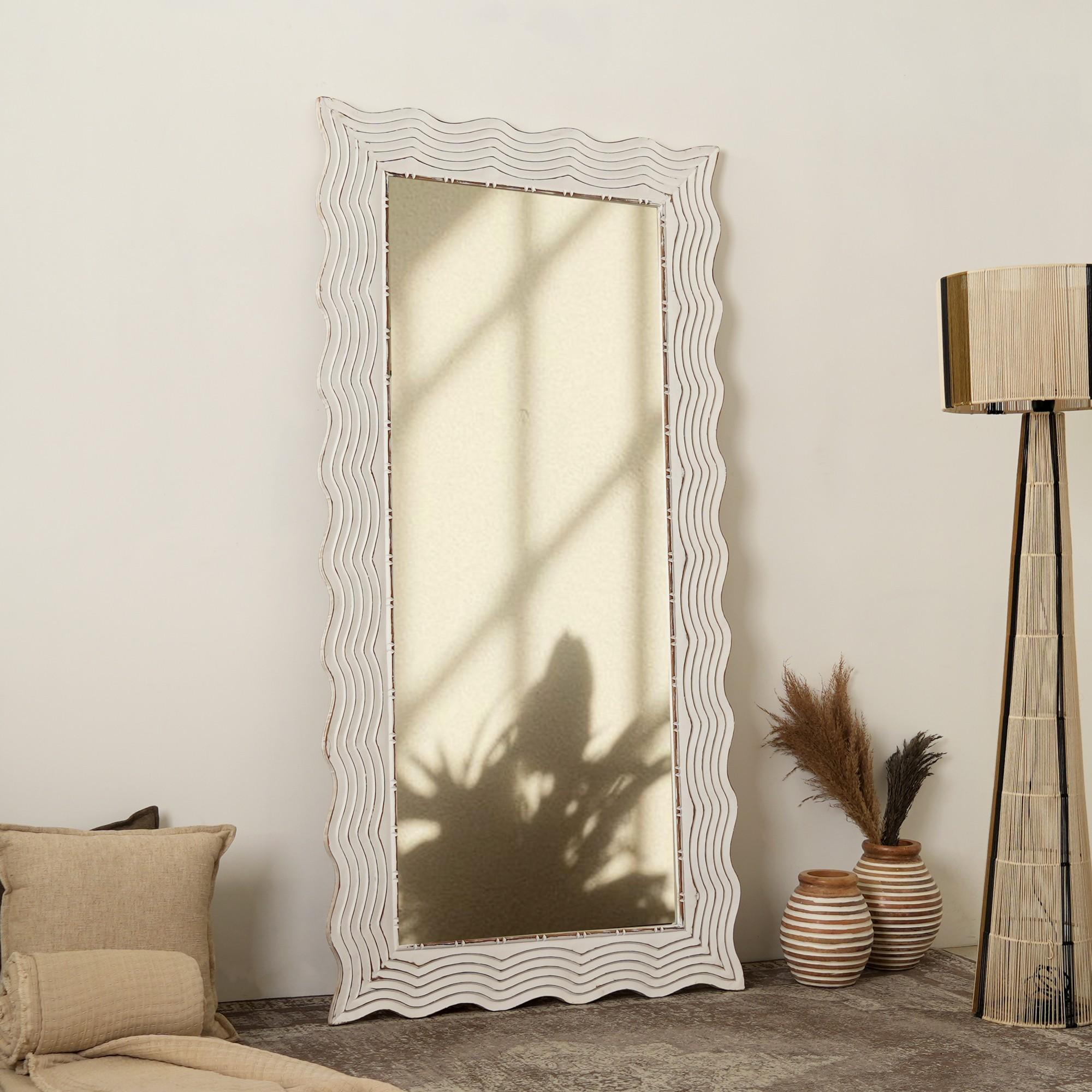 Handcarved Wave Design Rectangle Mirror Accent Enhancing Space - Antique White